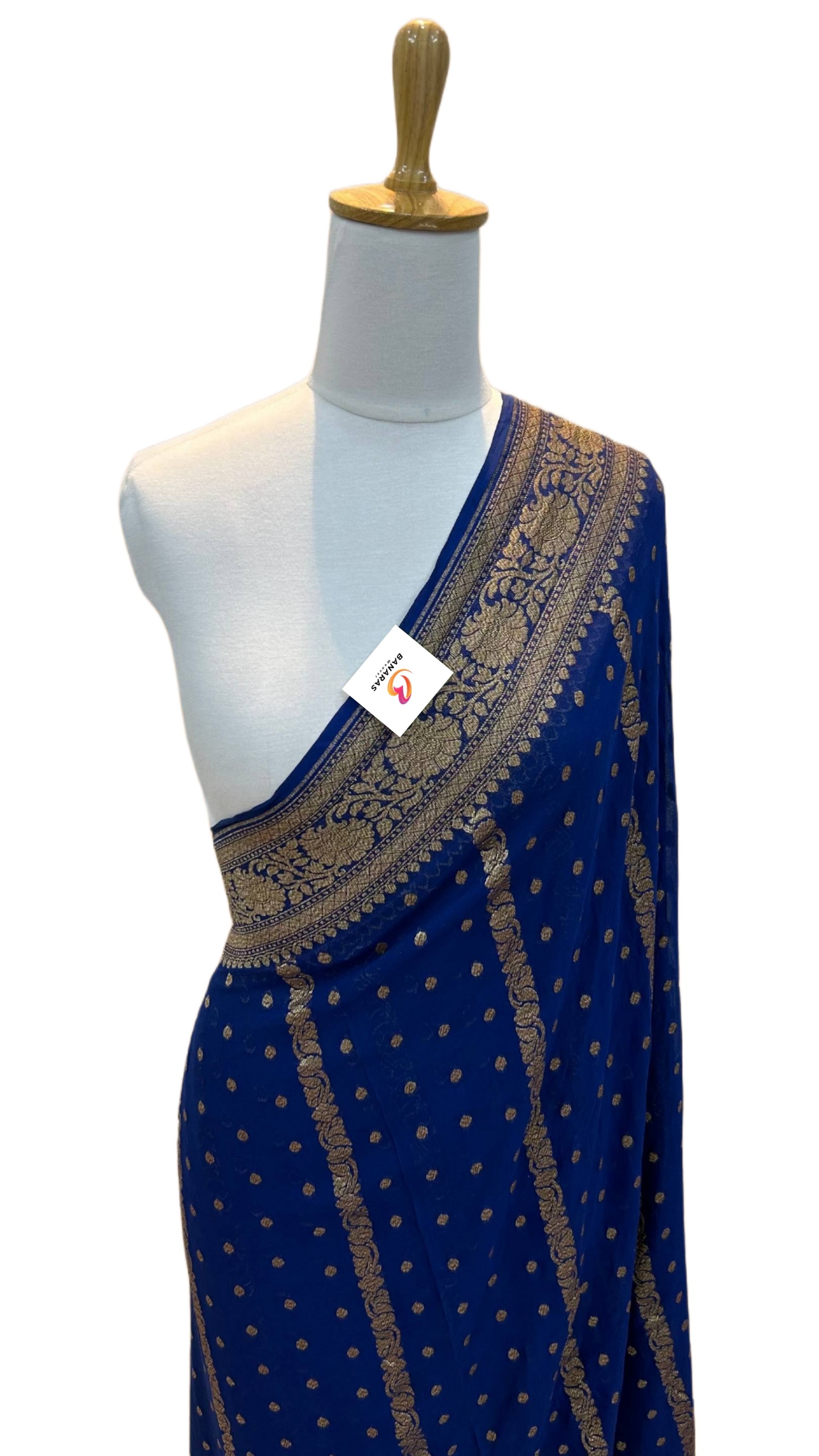 Khaddi Georgette Banarasi Saree Antique Zari Royal Blue - THE WEAVER