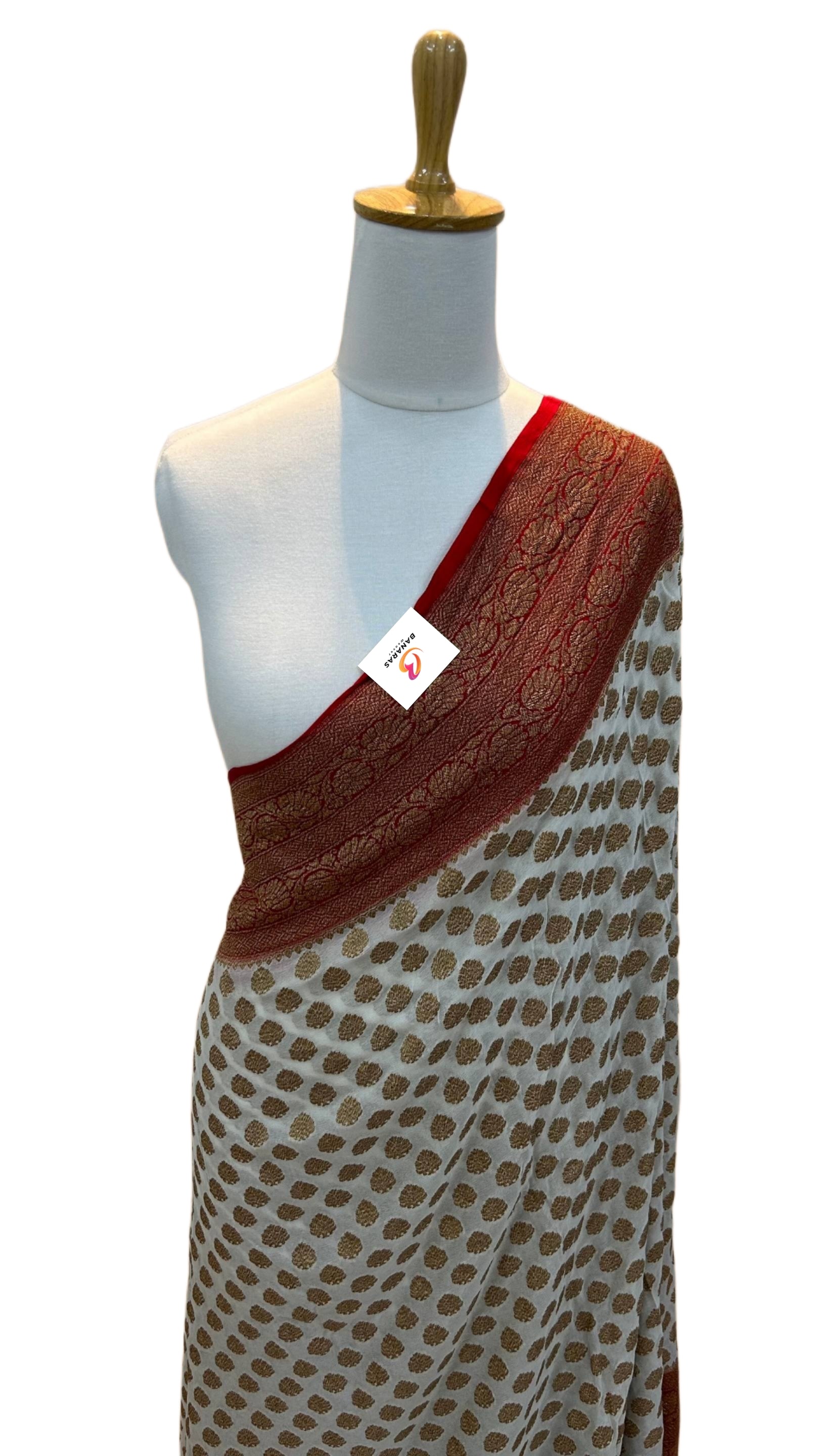 Khaddi Georgette Banarasi Saree Antique Zari Red And White - THE WEAVER