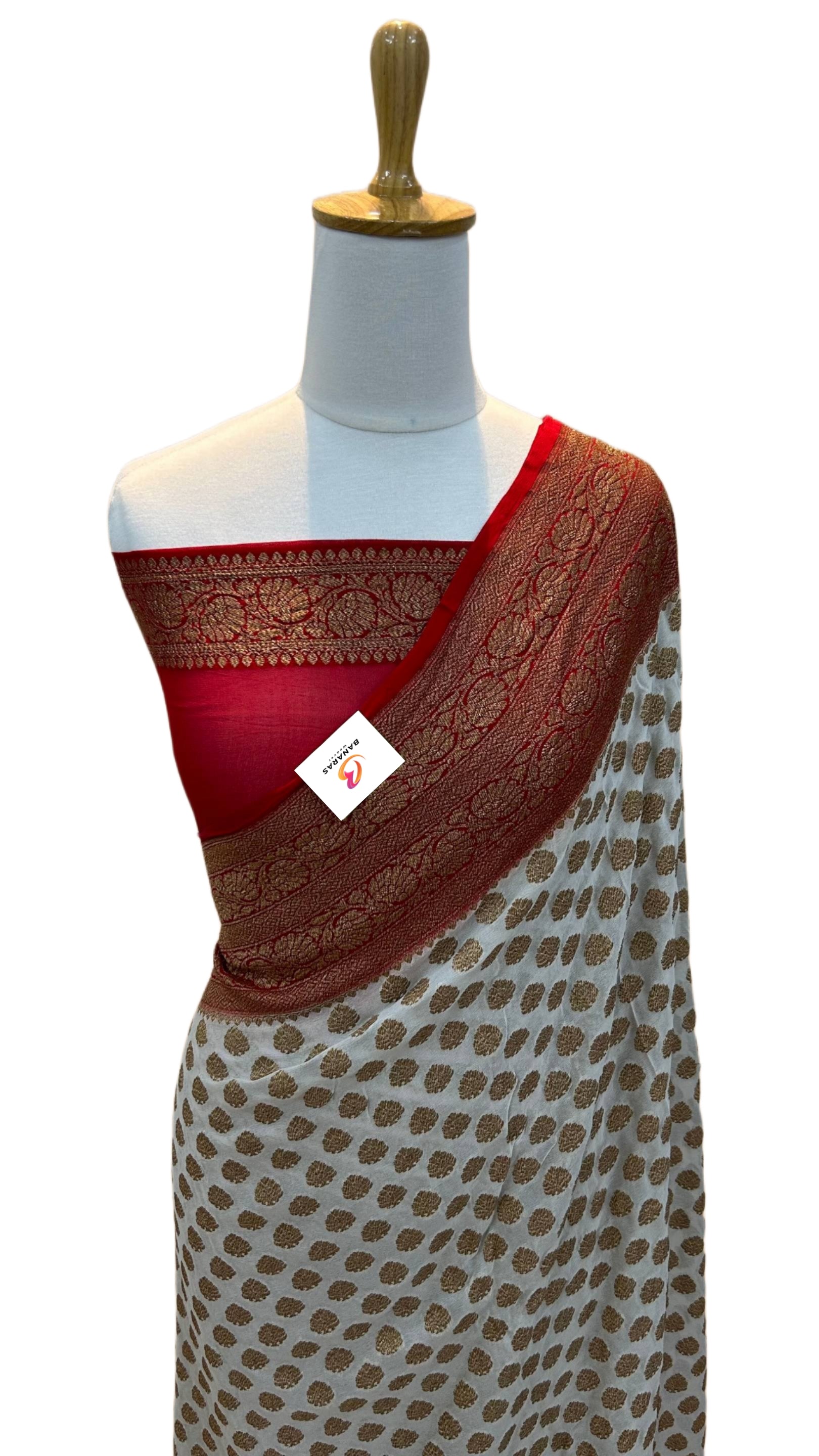 Khaddi Georgette Banarasi Saree Antique Zari Red And White - THE WEAVER