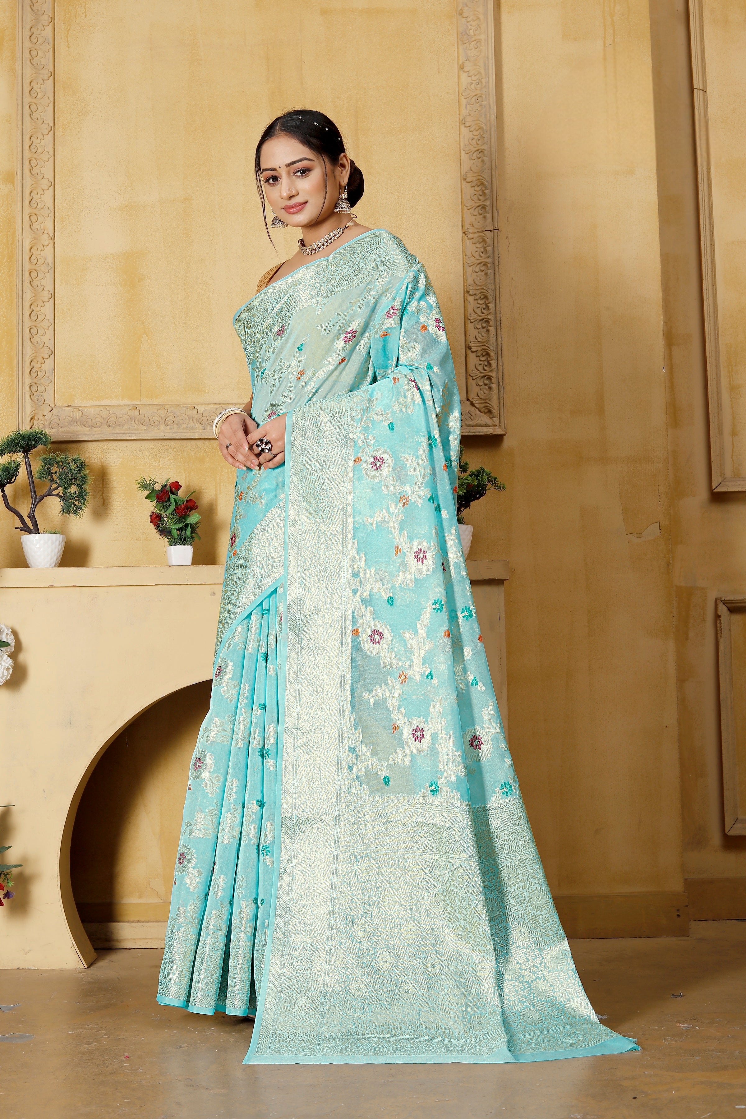 Georgette Banarasi Saree All Over Jaal With Meenakari Sky Blue - THE WEAVER