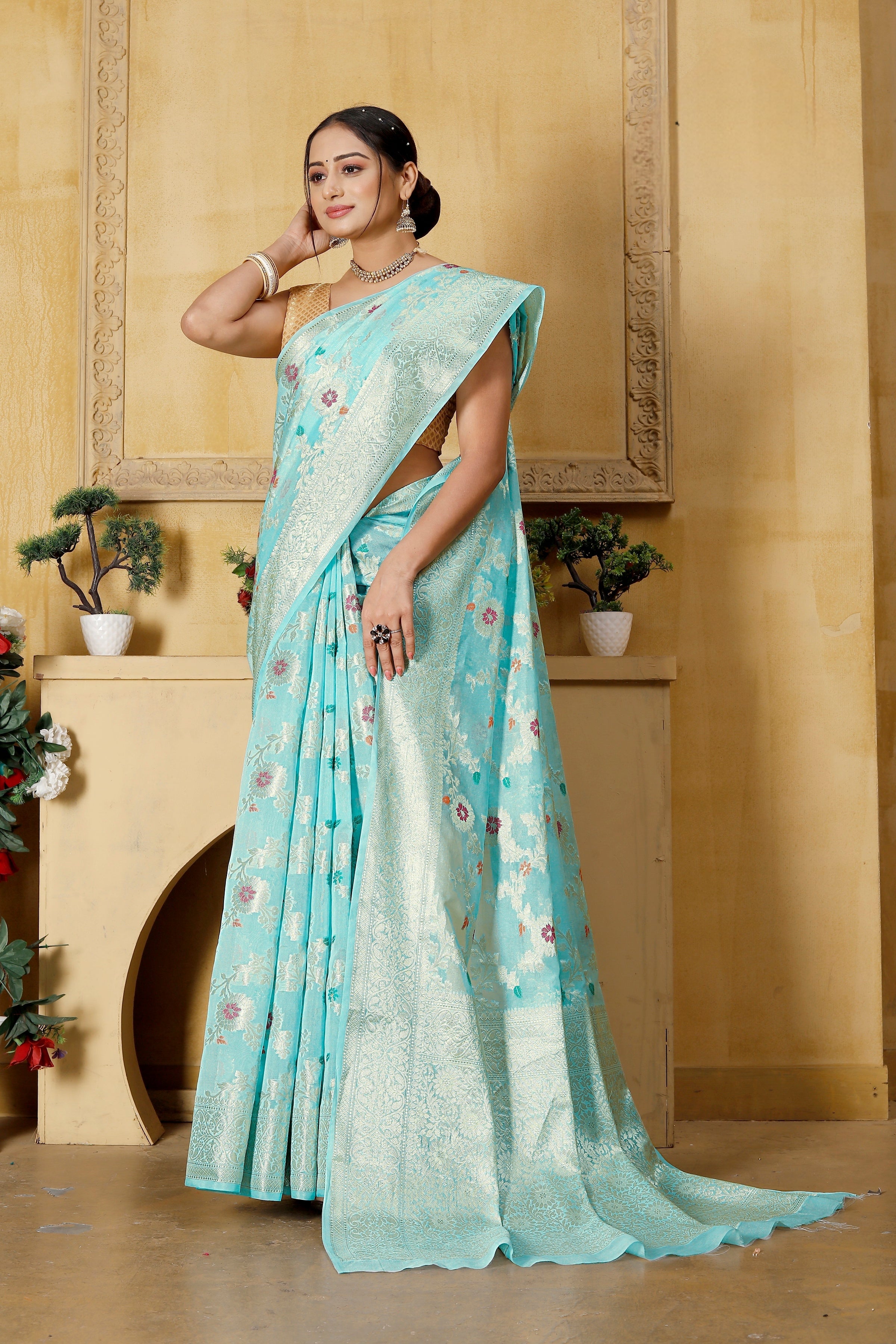 Georgette Banarasi Saree All Over Jaal With Meenakari Sky Blue - THE WEAVER