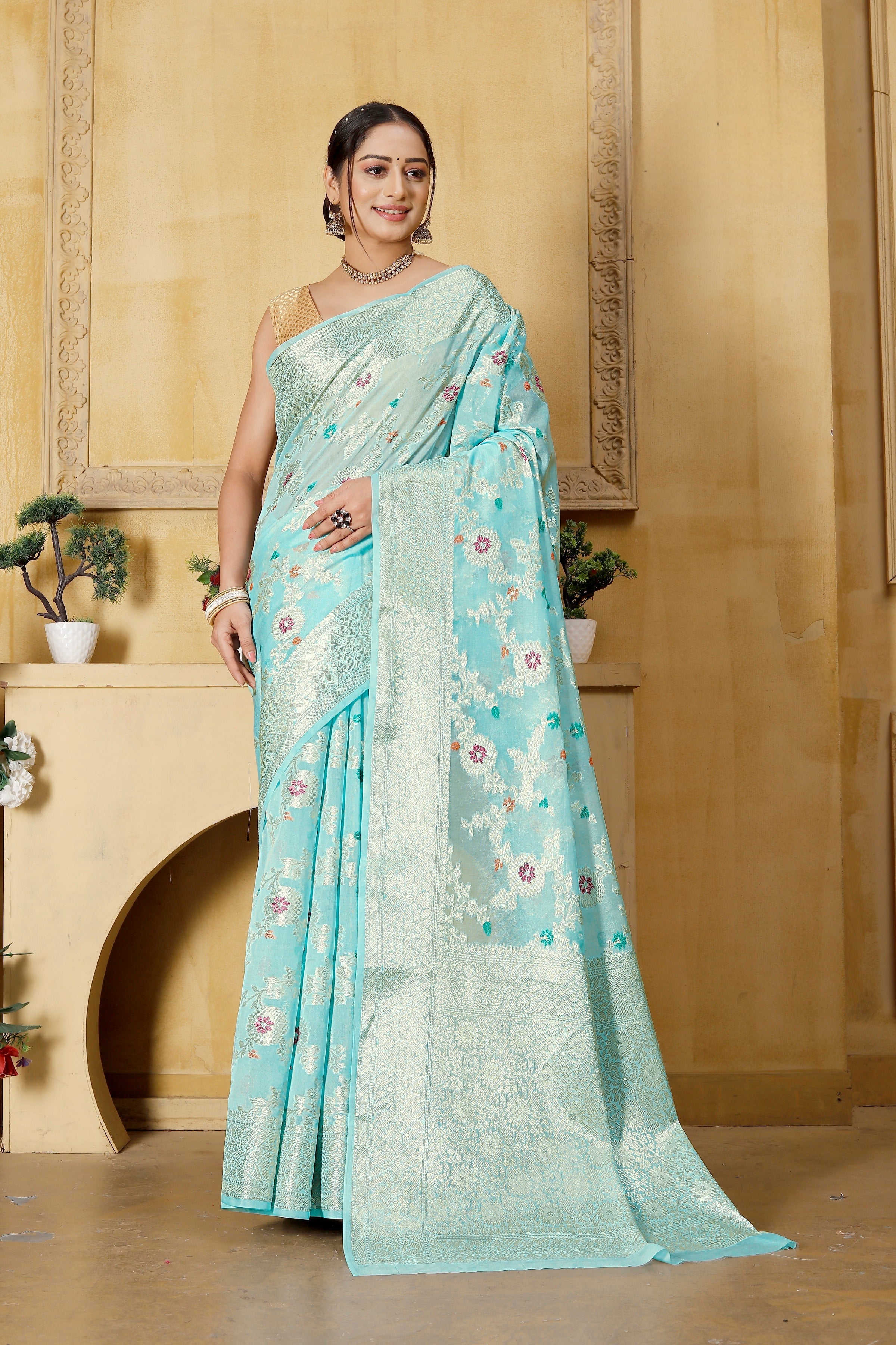 Georgette Banarasi Saree All Over Jaal With Meenakari Sky Blue - THE WEAVER