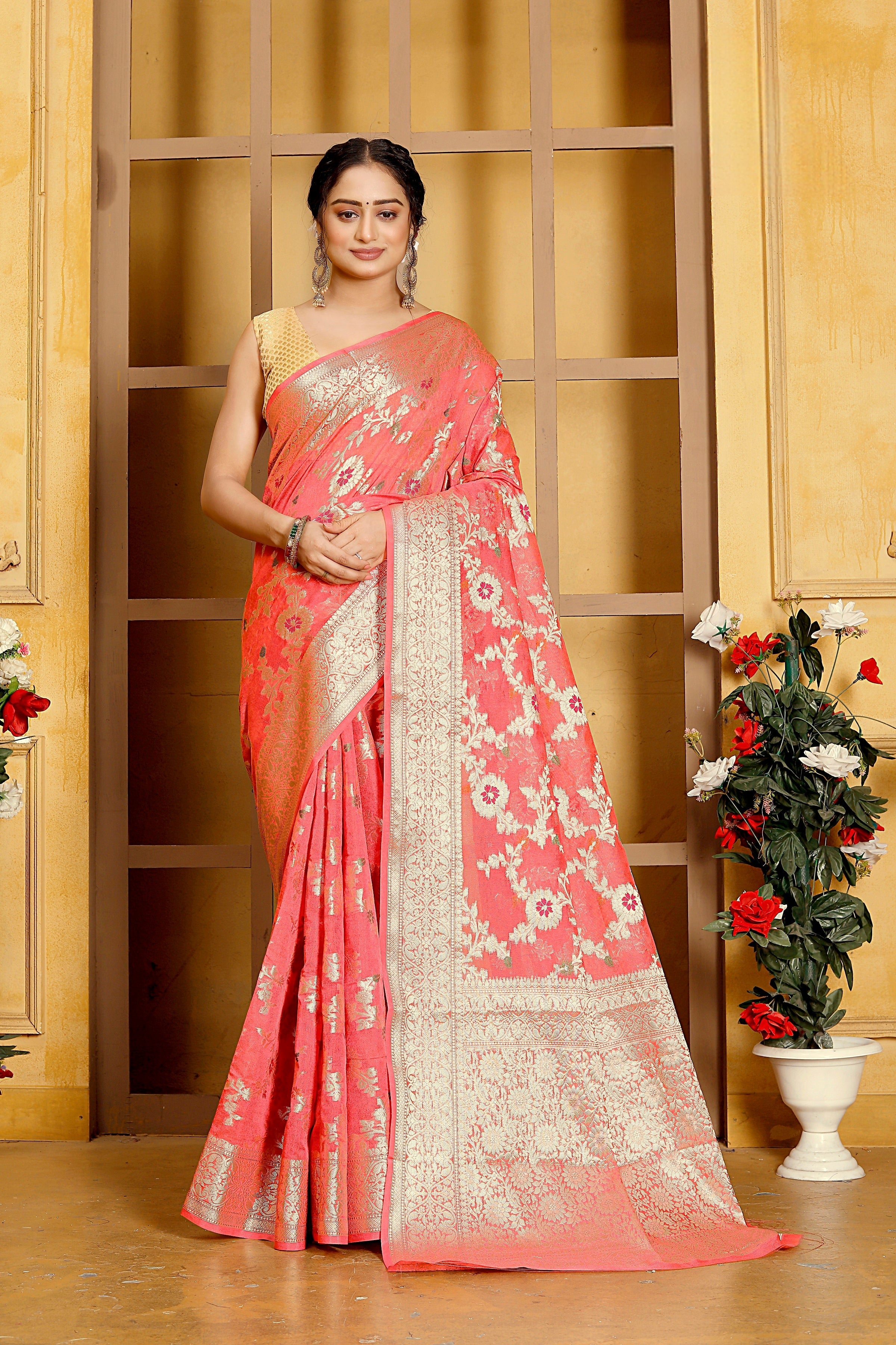 Georgette Banarasi Saree All Over Jaal With Meenakari Peach Orange - THE WEAVER