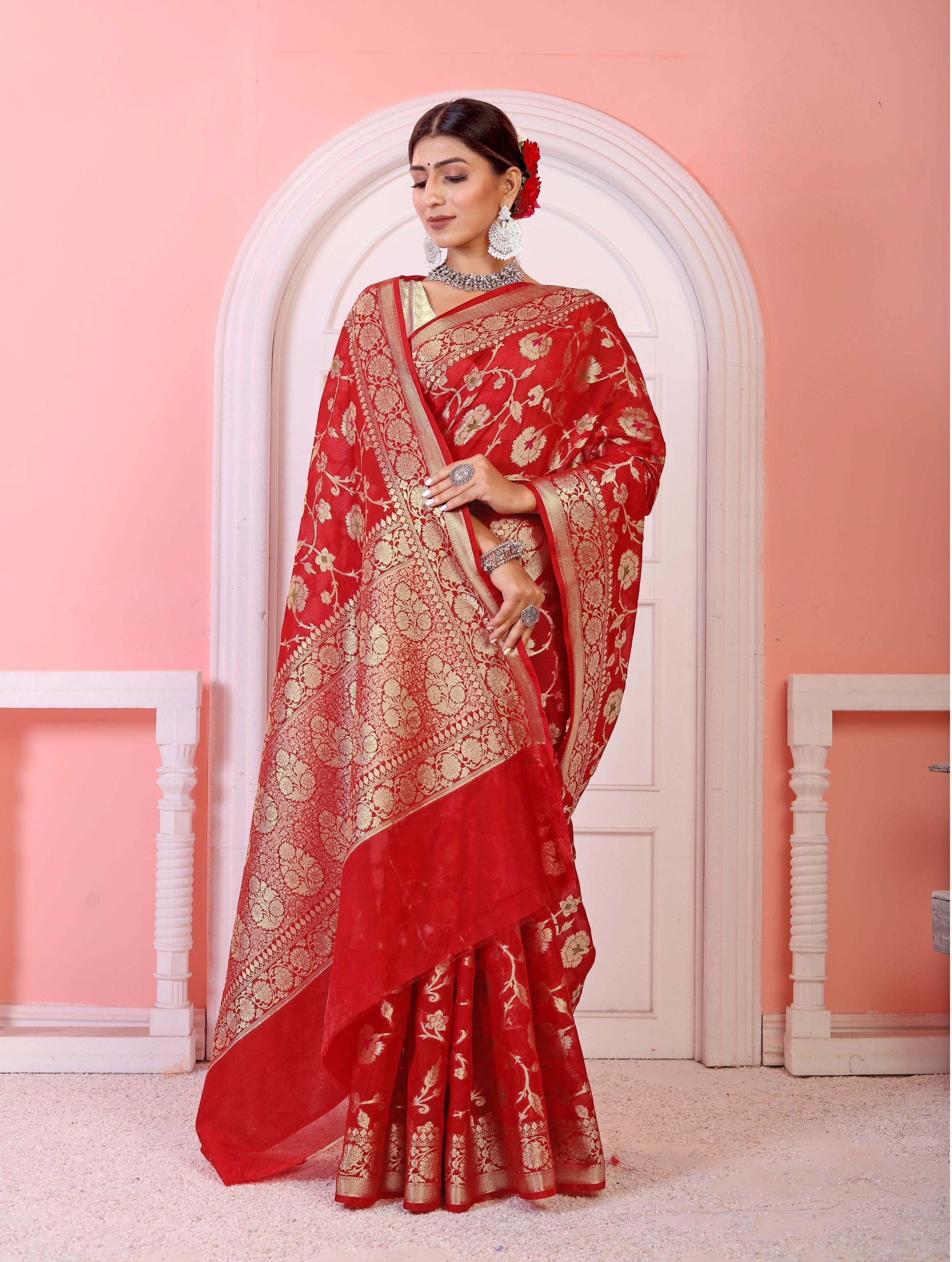 Georgette Banarasi Saree All Over Jaal With Meenakari Red - THE WEAVER