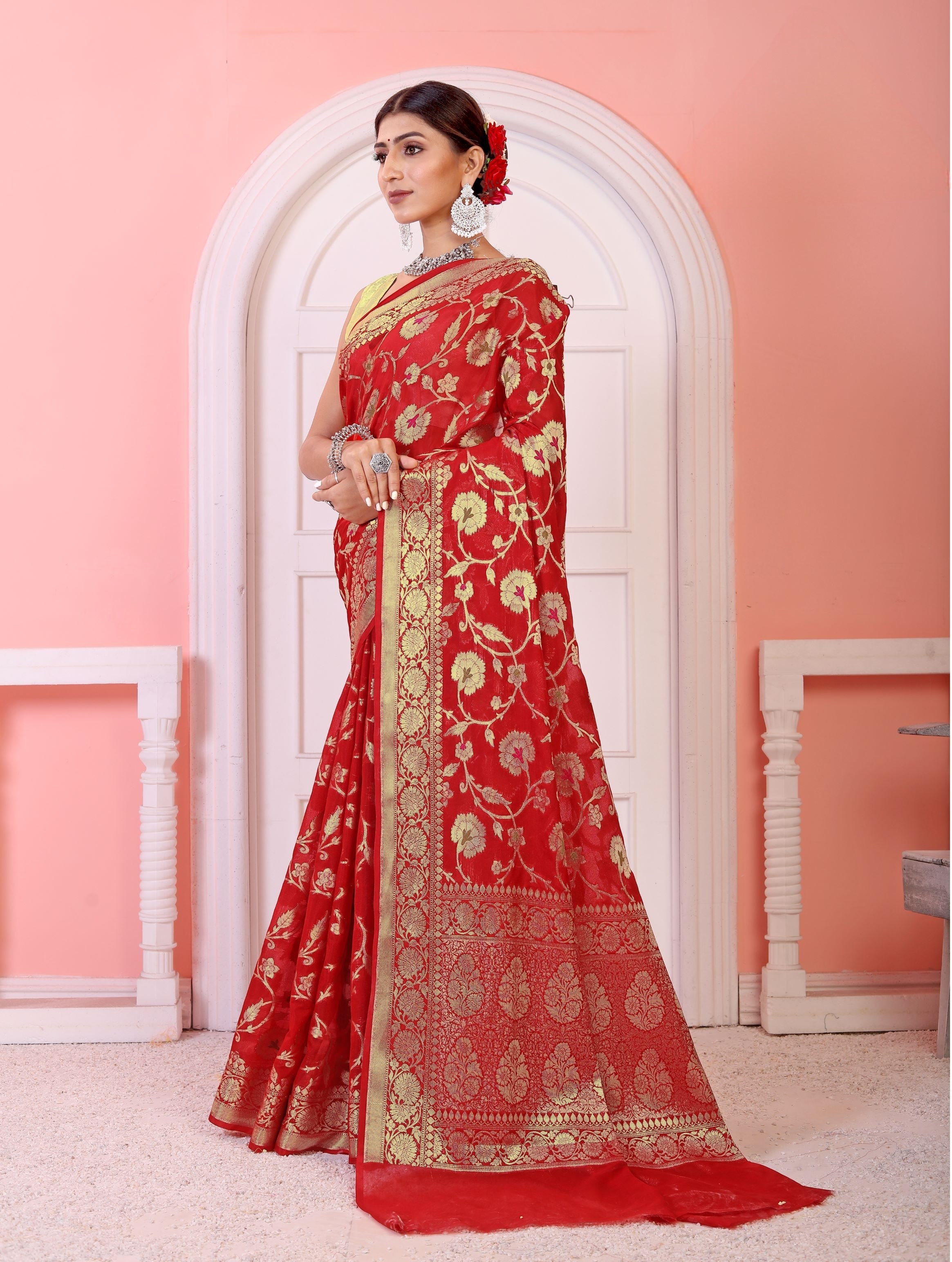 Georgette Banarasi Saree All Over Jaal With Meenakari Red - THE WEAVER