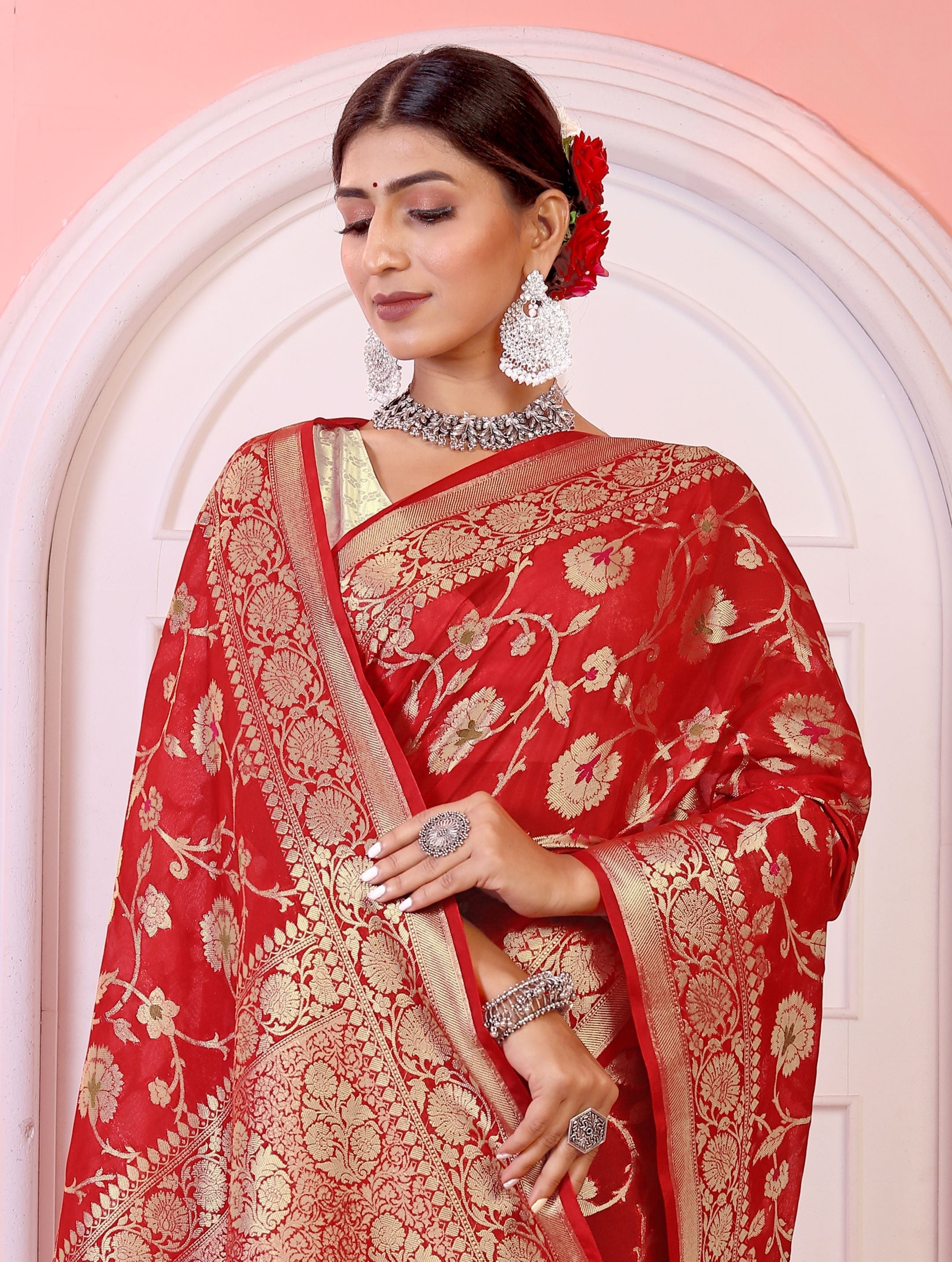 Georgette Banarasi Saree All Over Jaal With Meenakari Red - THE WEAVER