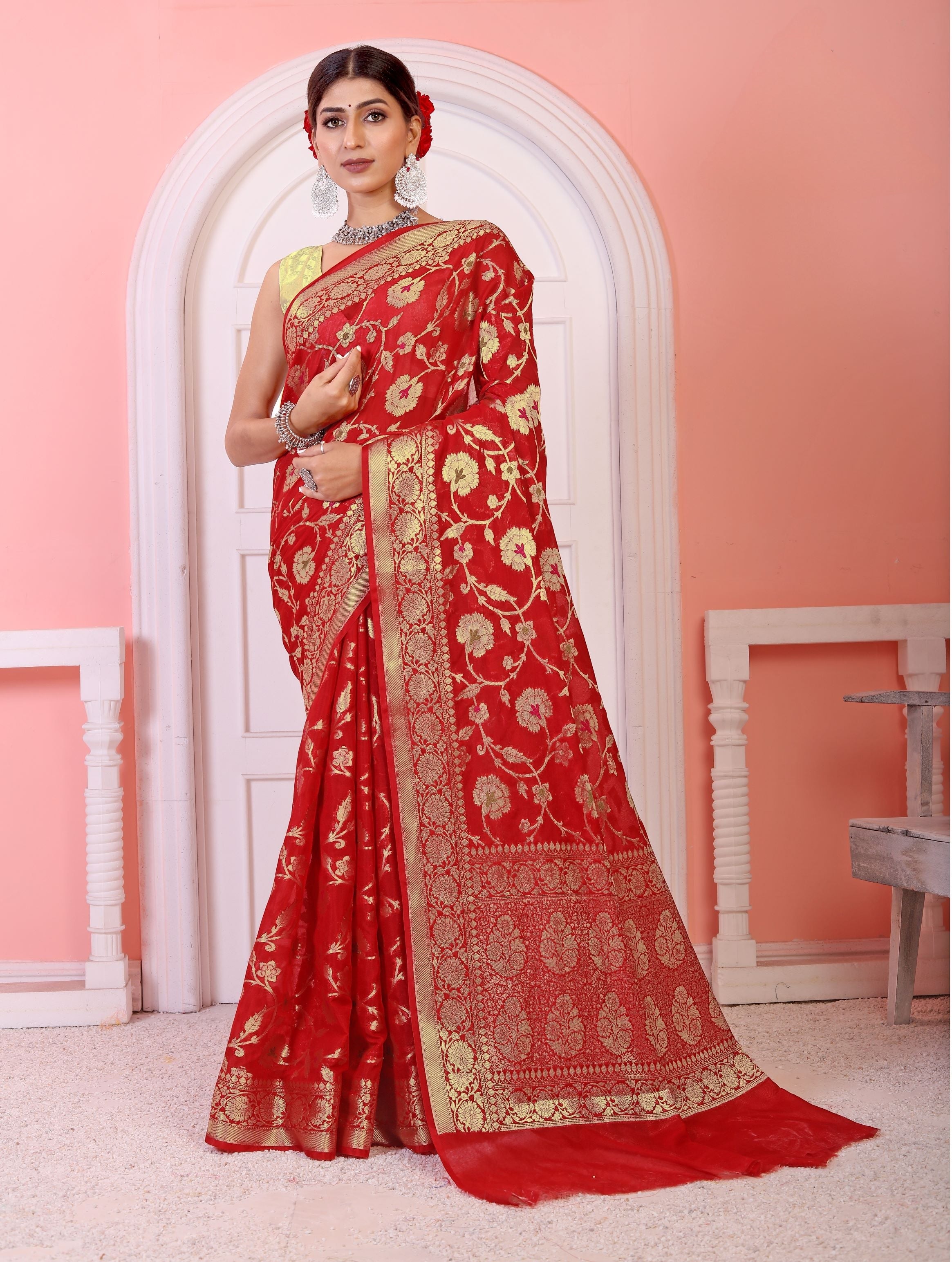 Georgette Banarasi Saree All Over Jaal With Meenakari Red - THE WEAVER