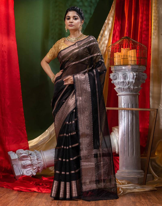 The Weaver's Organza Stripe Banarasi Saree Black - The Weaver Banaras