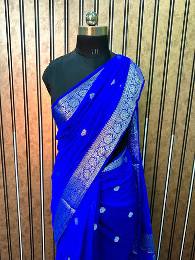 Georgette Khaddi Banarasi Saree-Royal Blue - The Weaver Banaras