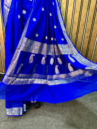 Georgette Khaddi Banarasi Saree-Royal Blue - The Weaver Banaras