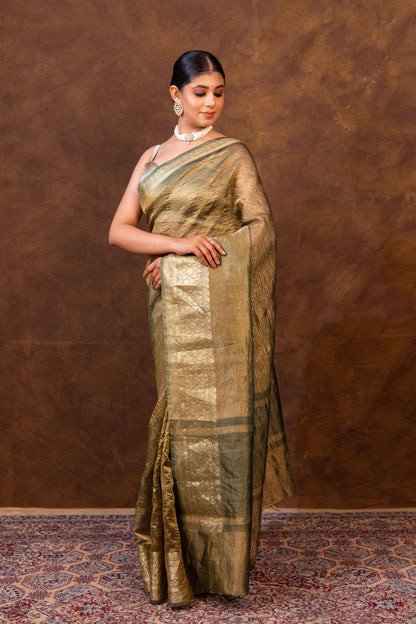 Mint Green Crush Tissue Silk Saree | Banarasi Woven Saree - The Weaver Banaras