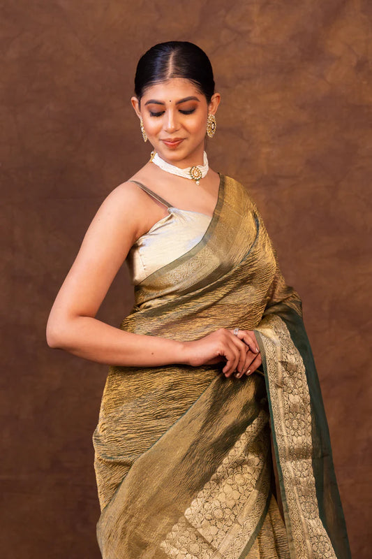 Mint Green Crush Tissue Silk Saree | Banarasi Woven Saree - The Weaver Banaras