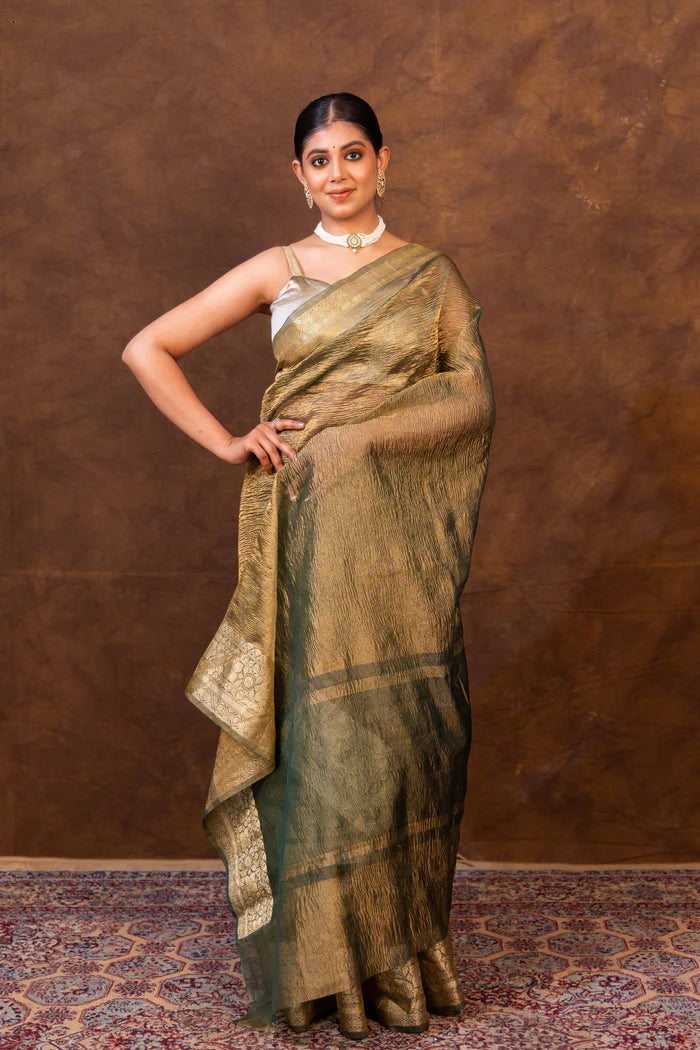 Mint Green Crush Tissue Silk Saree | Banarasi Woven Saree - The Weaver Banaras