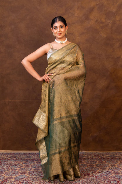 Mint Green Crush Tissue Silk Saree | Banarasi Woven Saree - The Weaver Banaras