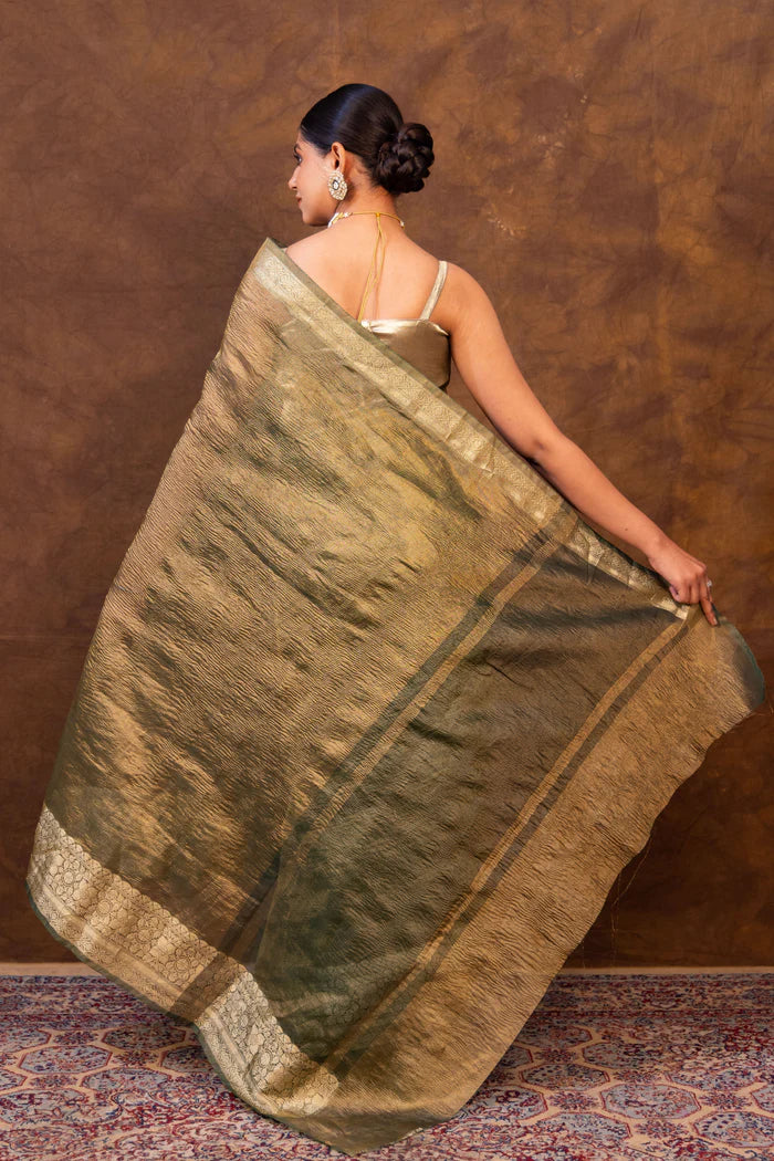 Mint Green Crush Tissue Silk Saree | Banarasi Woven Saree - The Weaver Banaras