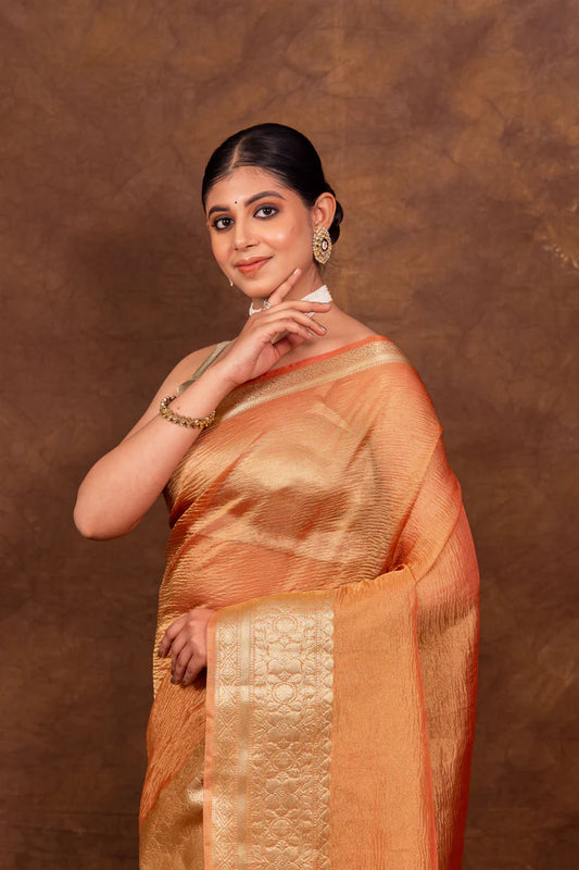 Peach Orange Crush Tissue Silk Saree | Banarasi Woven Saree