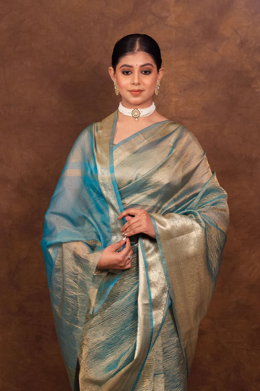 Firozi Crush Tissue Silk Saree | Banarasi Woven Saree - The Weaver Banaras