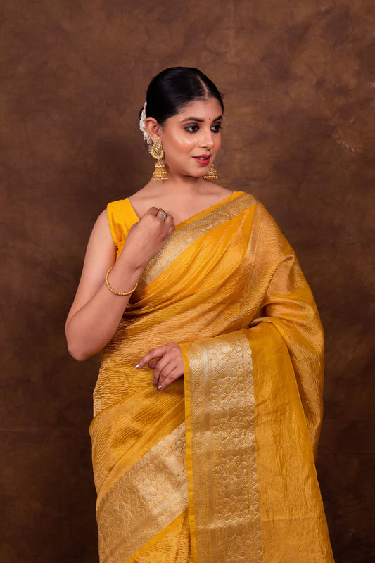 Yellow Crush Tissue Silk Saree | Banarasi Woven Saree - The Weaver Banaras