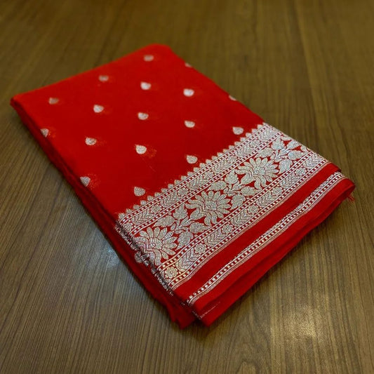 Banarasee Handwoven Faux Georgette Saree With Silver Zari Buti Design-Red - The Weaver Banaras