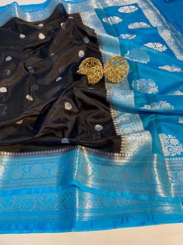 Georgette Khaddi Banarasi Saree- Black & Firozi