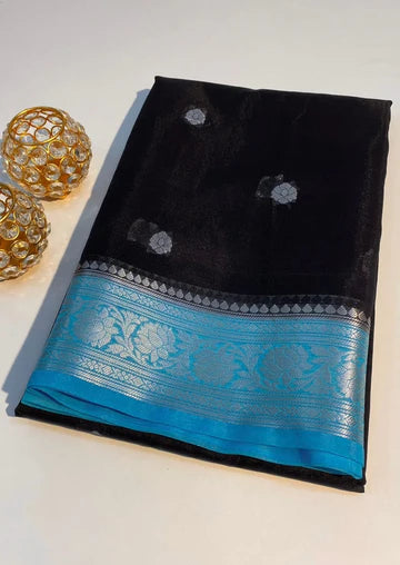 Georgette Khaddi Banarasi Saree- Black & Firozi