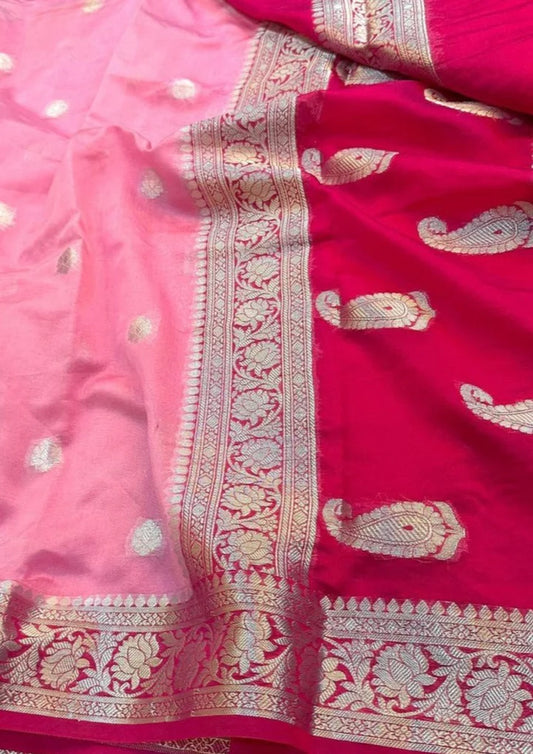 Georgette Khaddi Banarasi Saree- Rasberry Red & Pink