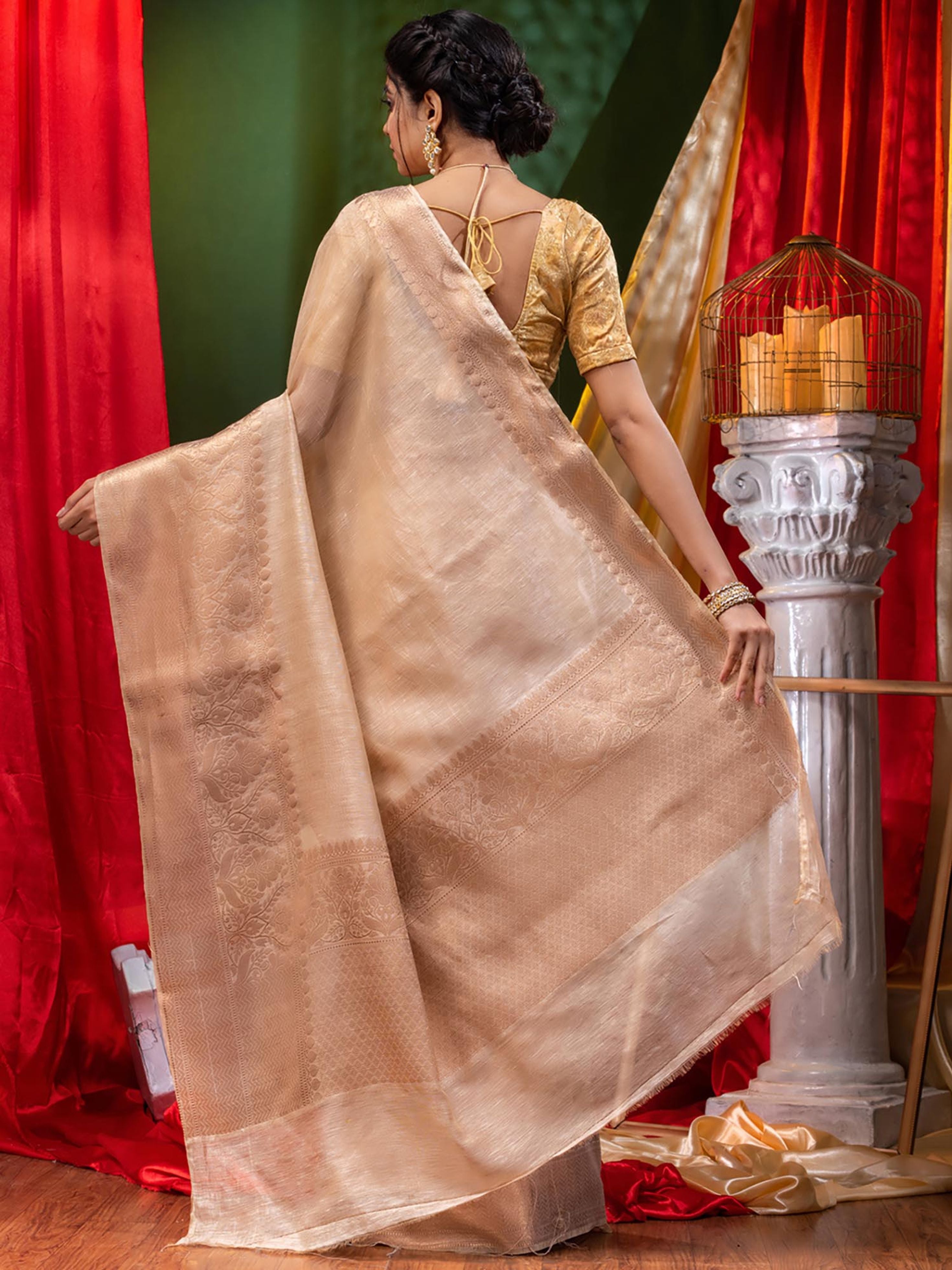 Pure Linen Banarasi Saree Beige - THE WEAVER