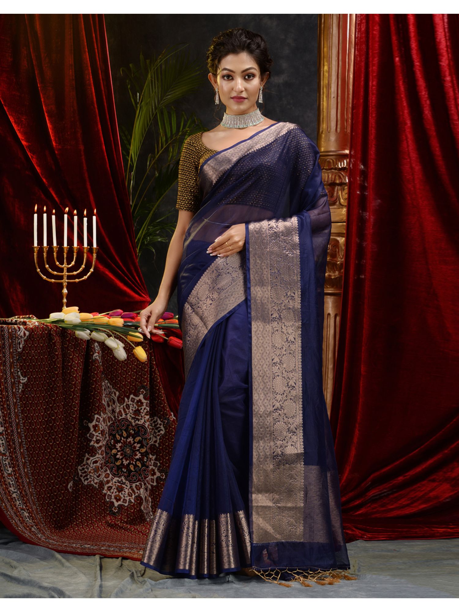 The Weaver's organza banarasi saree-navy blue - THE WEAVER