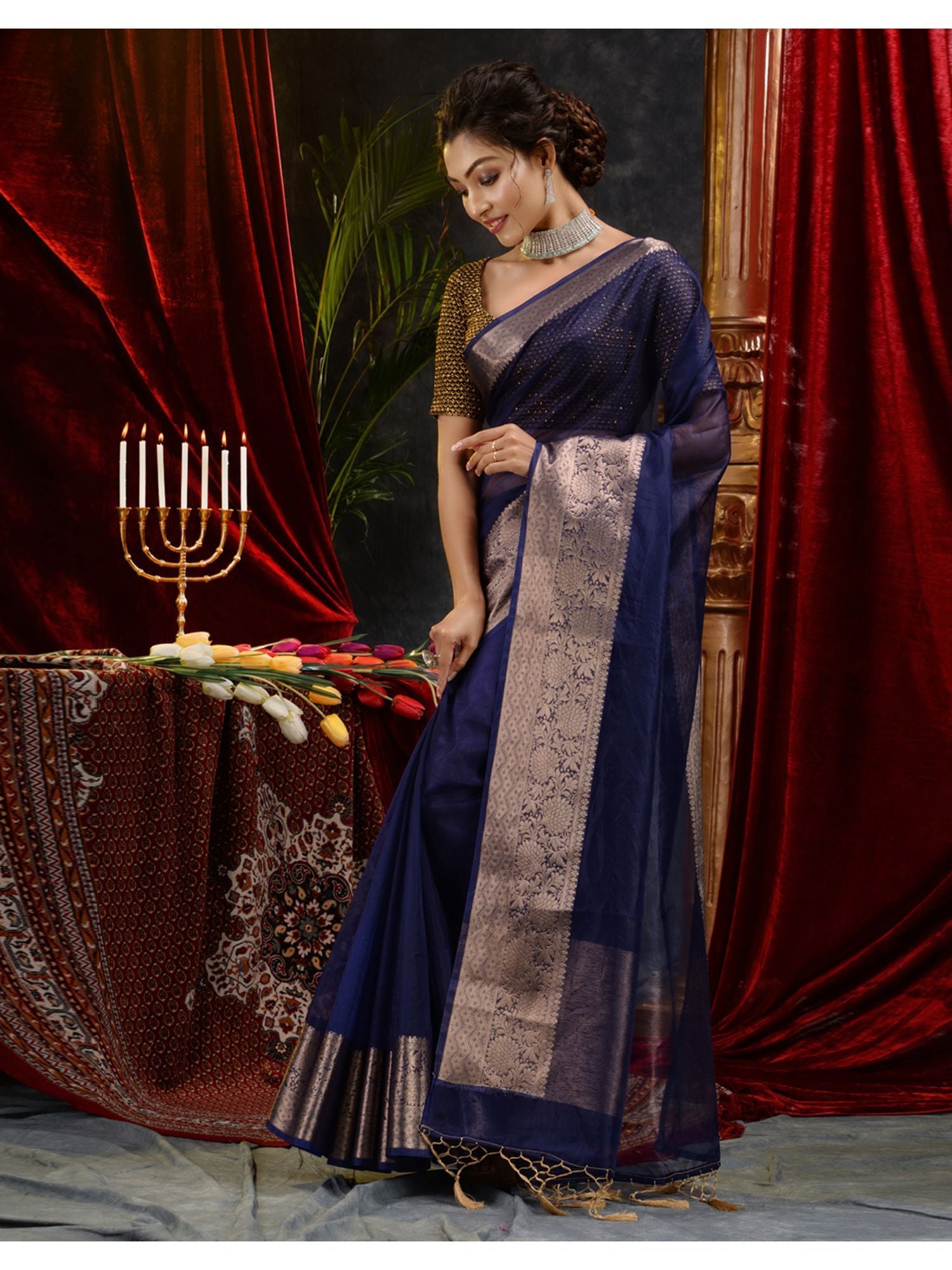 The Weaver's organza banarasi saree-navy blue - THE WEAVER