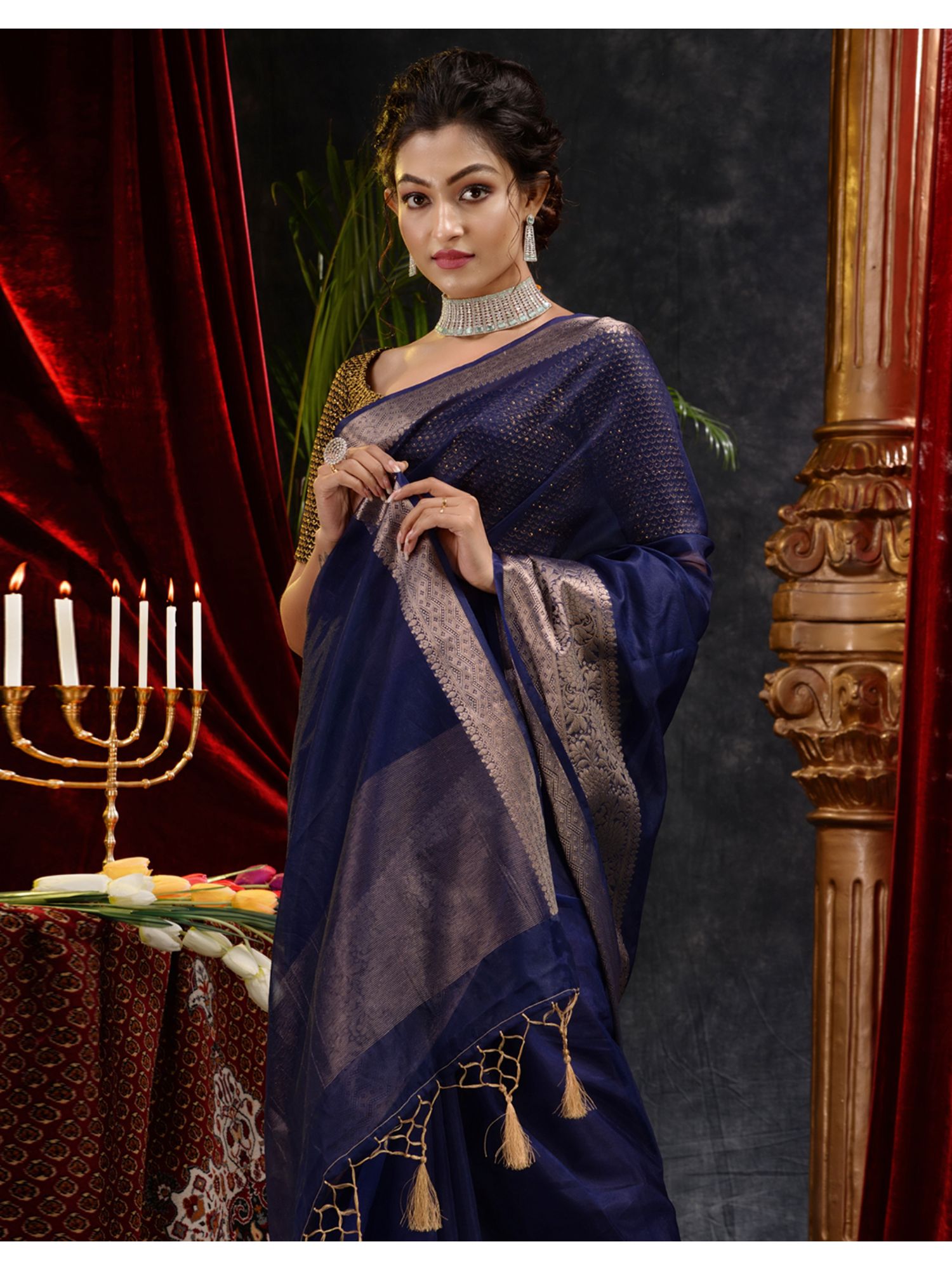 The Weaver's organza banarasi saree-navy blue - THE WEAVER