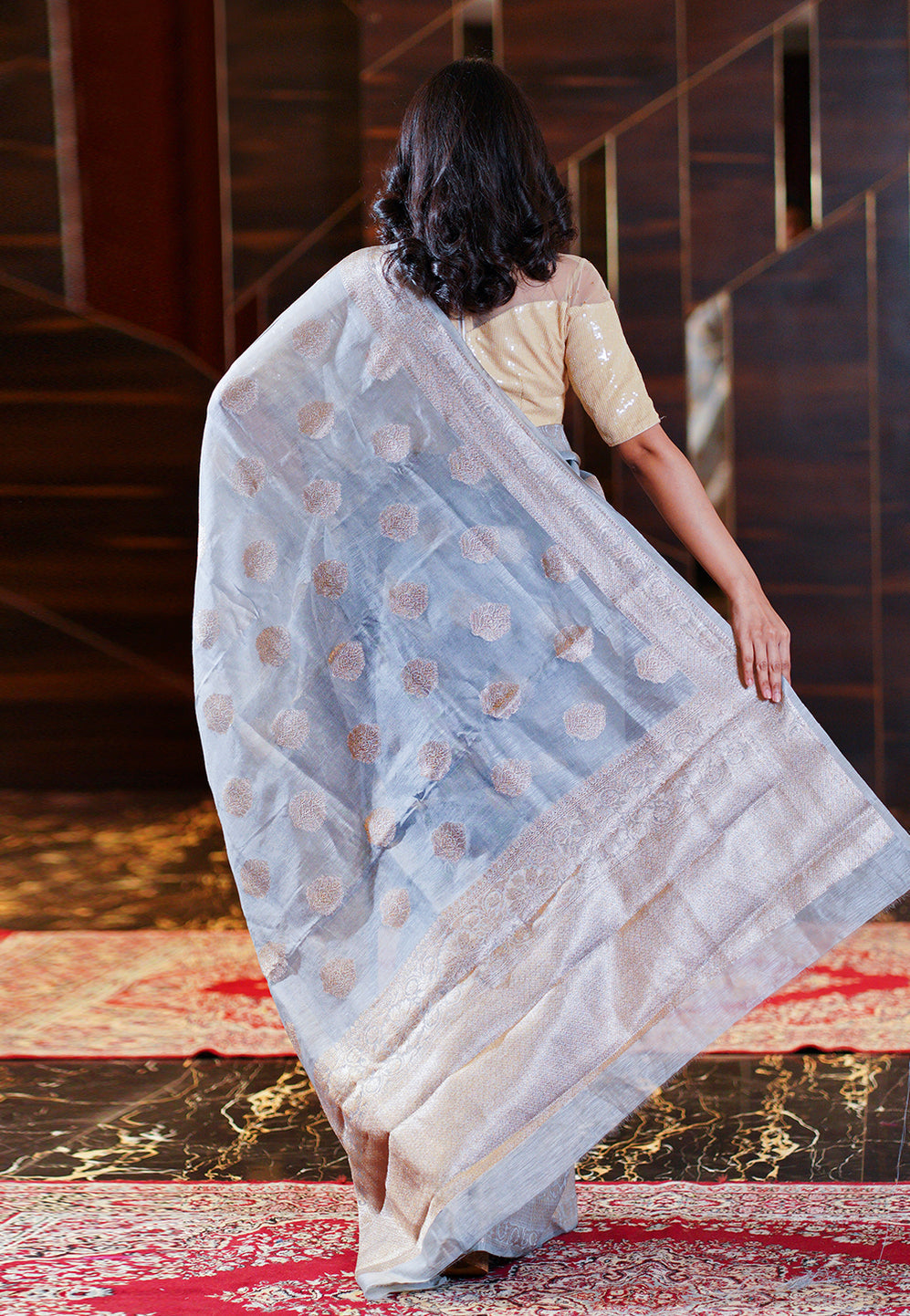 Pure Linen Banarasi Saree Blue Grey - THE WEAVER