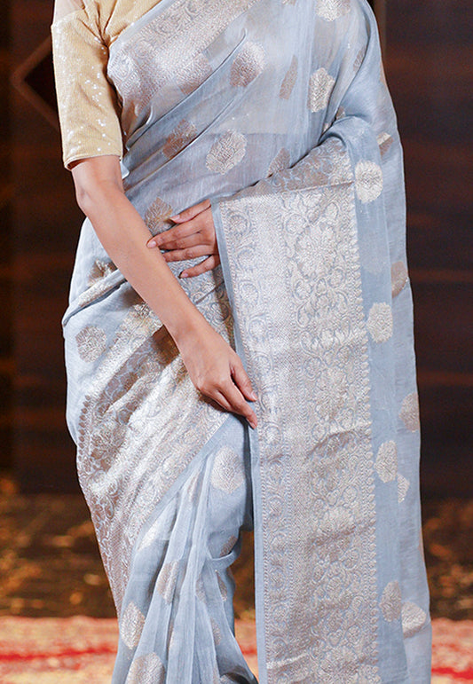 Pure linen banarasi saree ash grey