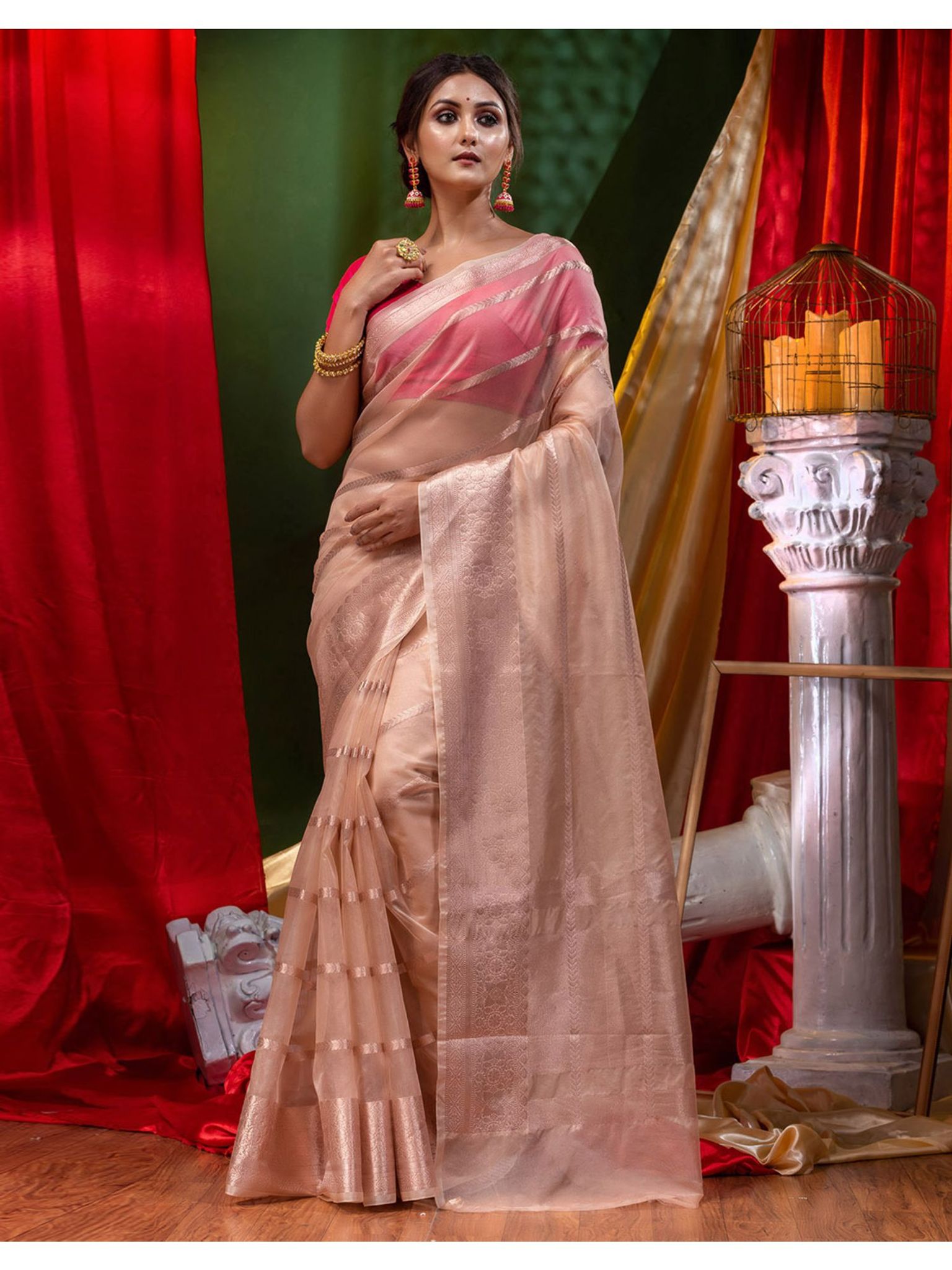 The Weaver's Organza Stripe Banarasi Saree Beige - THE WEAVER