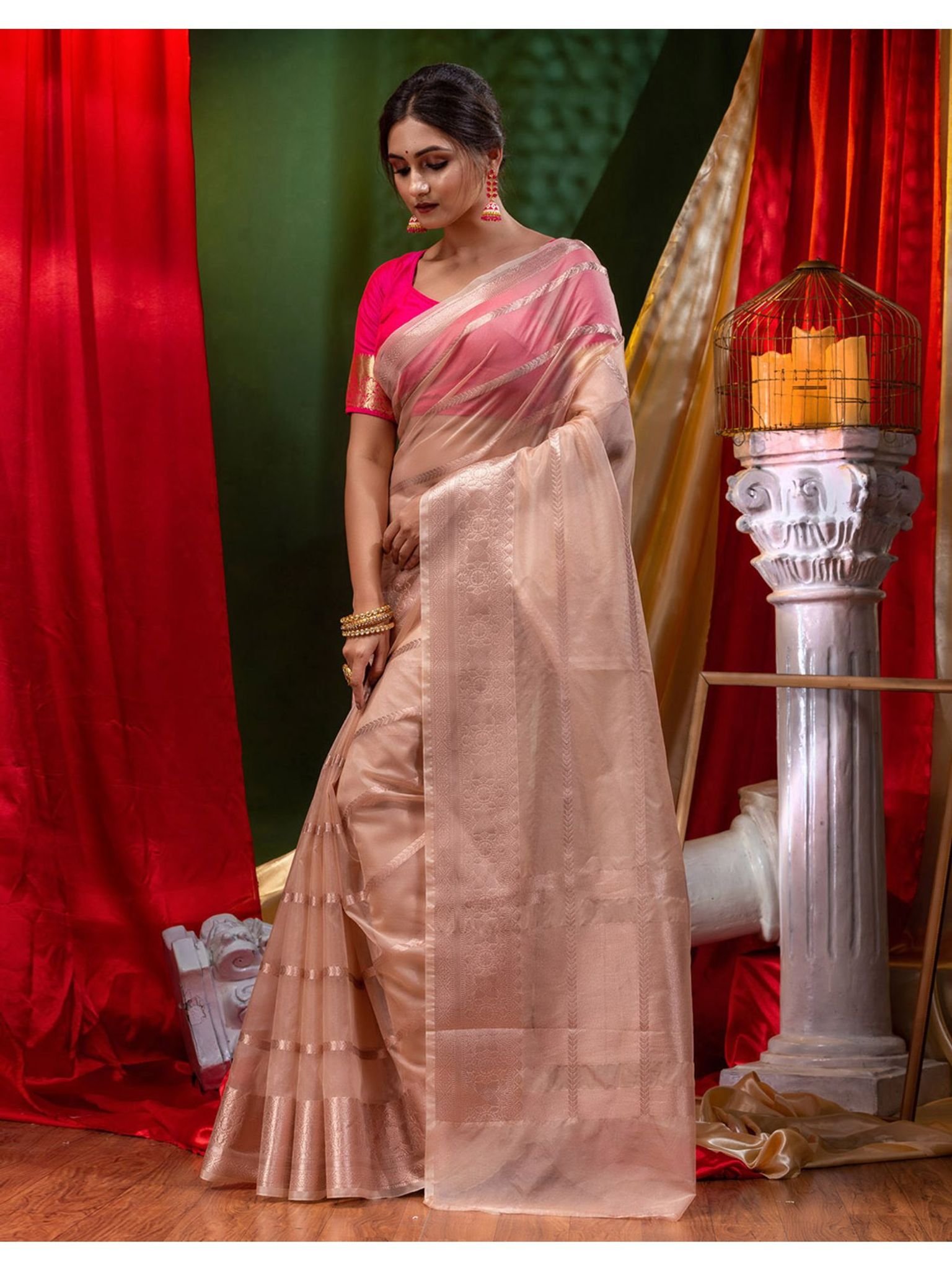 The Weaver's Organza Stripe Banarasi Saree Beige - THE WEAVER