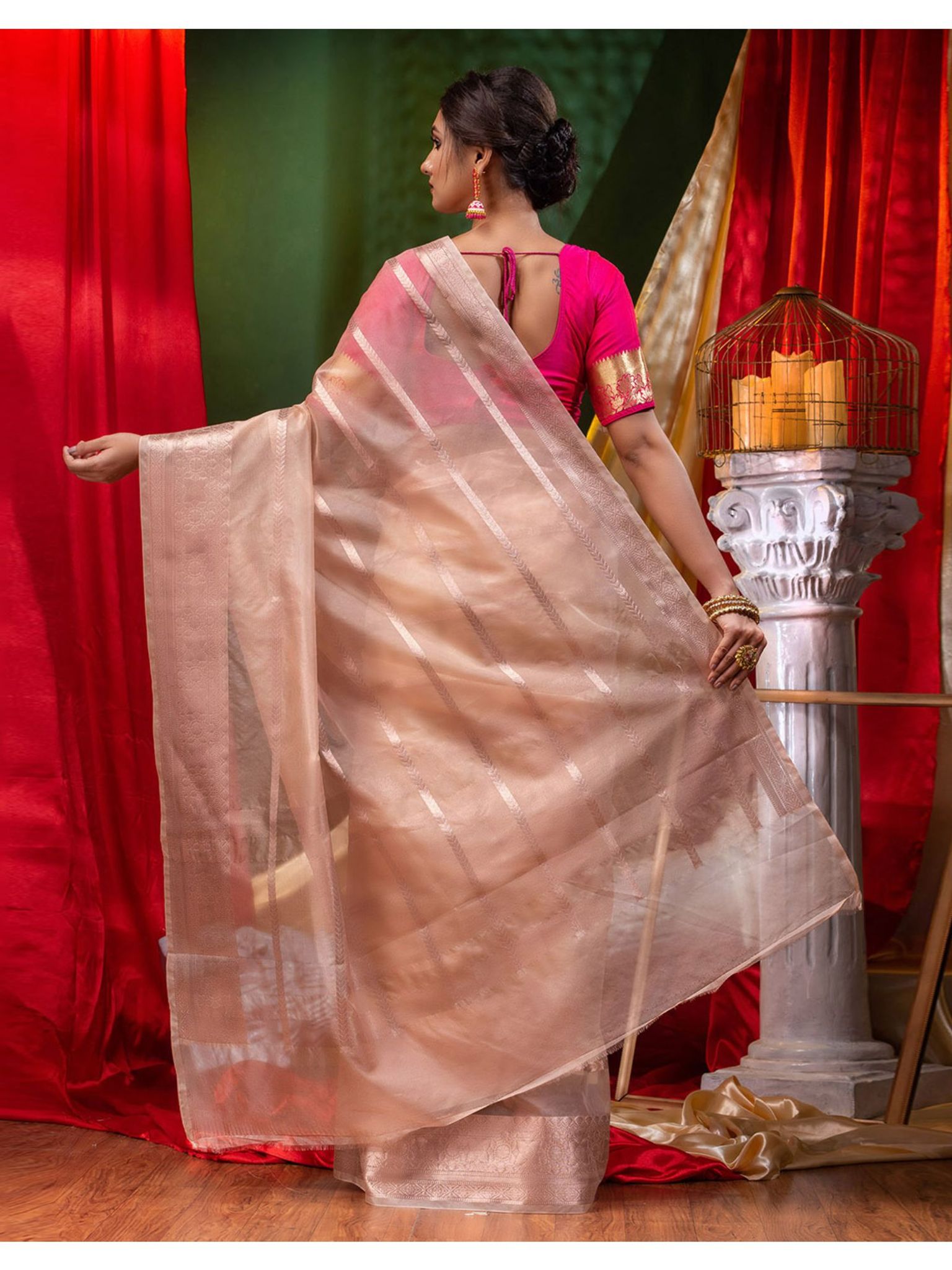 The Weaver's Organza Stripe Banarasi Saree Beige - THE WEAVER