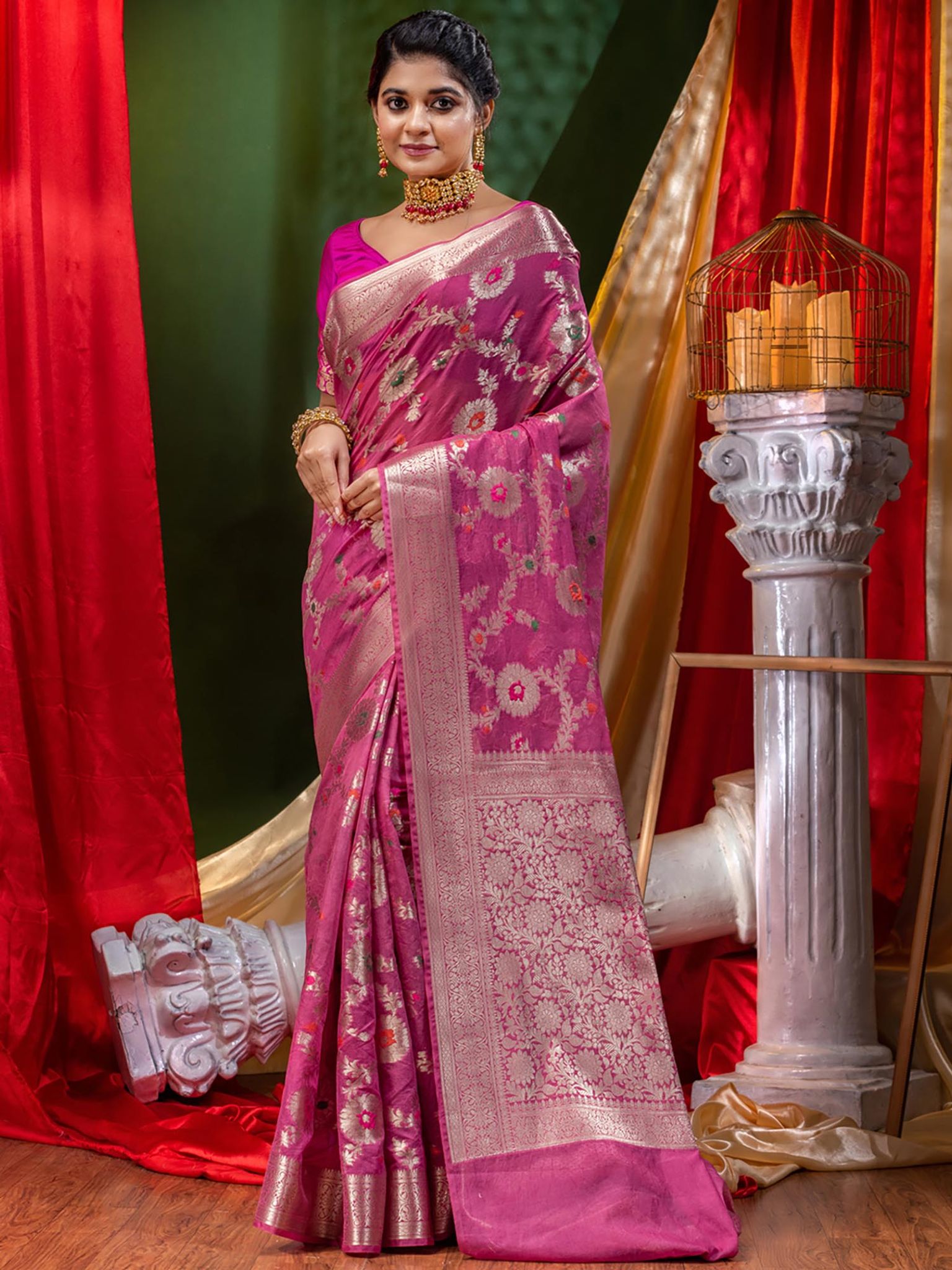 Georgette Banarasi Saree All Over Jaal With Meenakari Pink - THE WEAVER