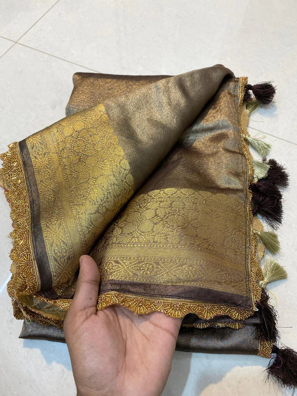 Banarasi Tissue Silk Saree With Heavy Lace Work Running blouse - The Weaver Banaras