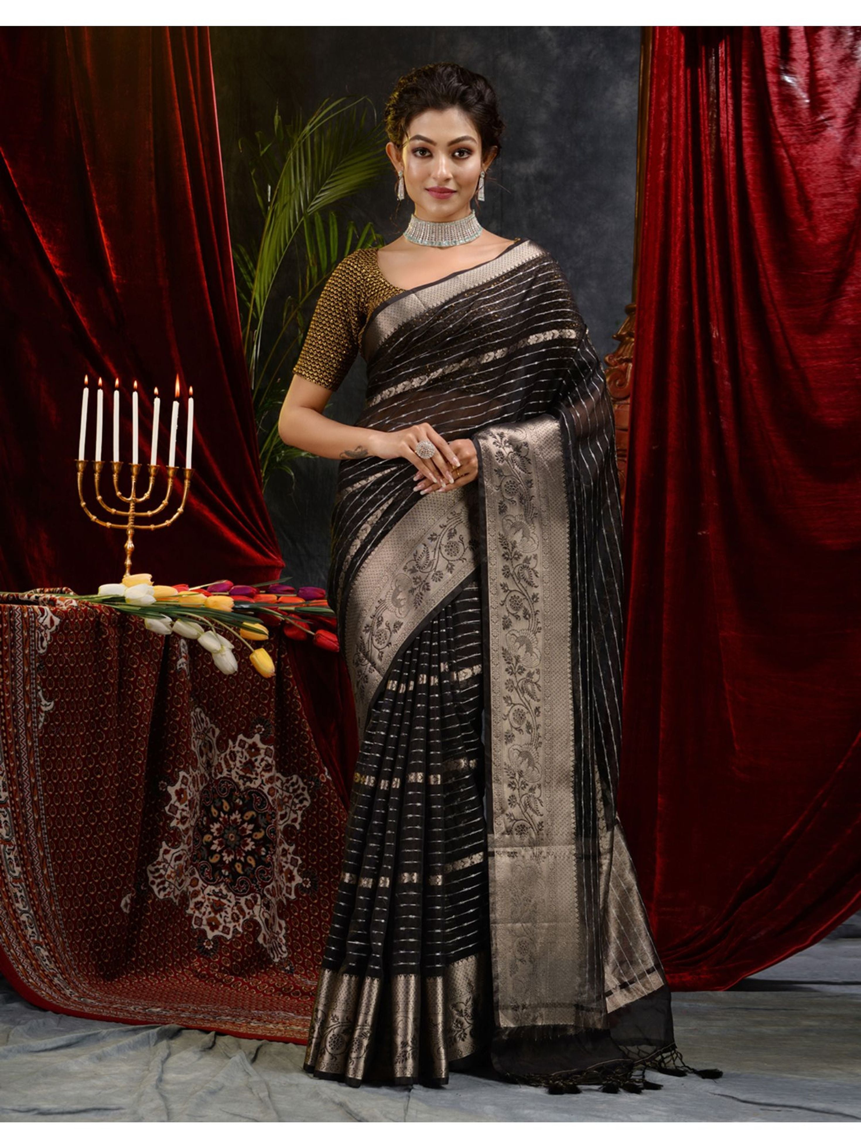 The Weaver's Organza Stripe Banarasi Saree Black - THE WEAVER