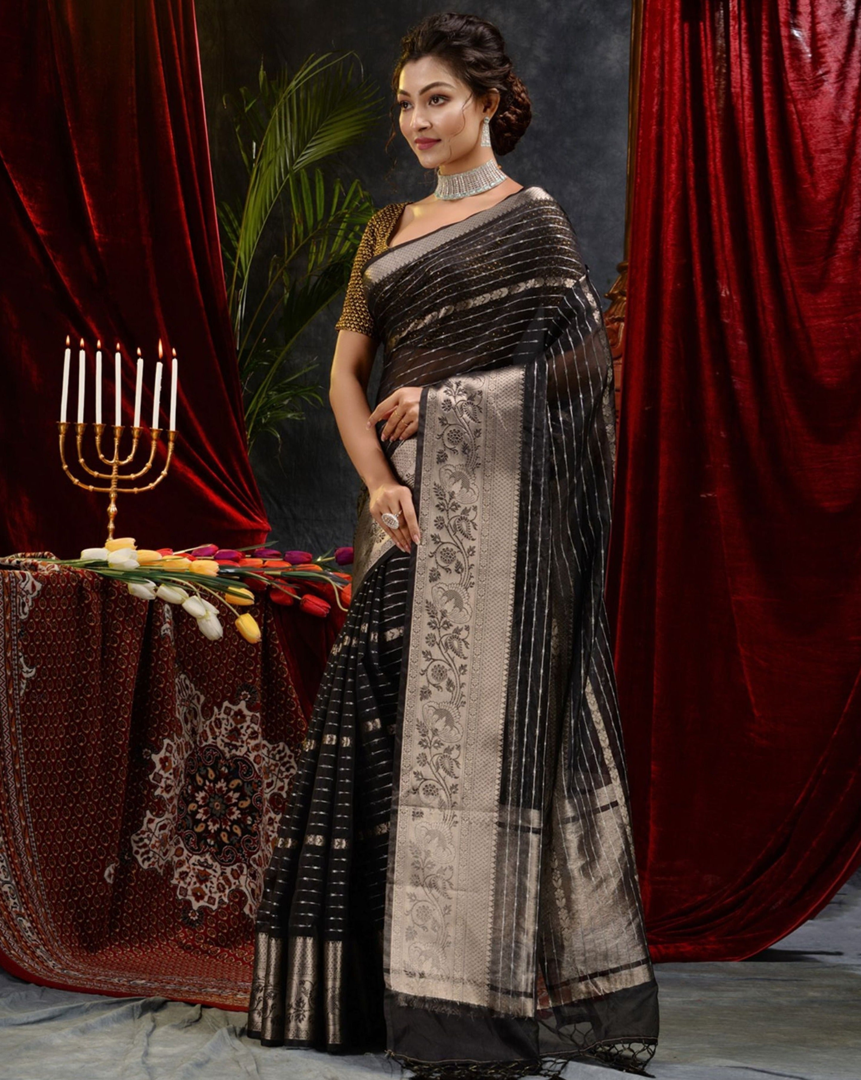 The Weaver's Organza Stripe Banarasi Saree Black - THE WEAVER