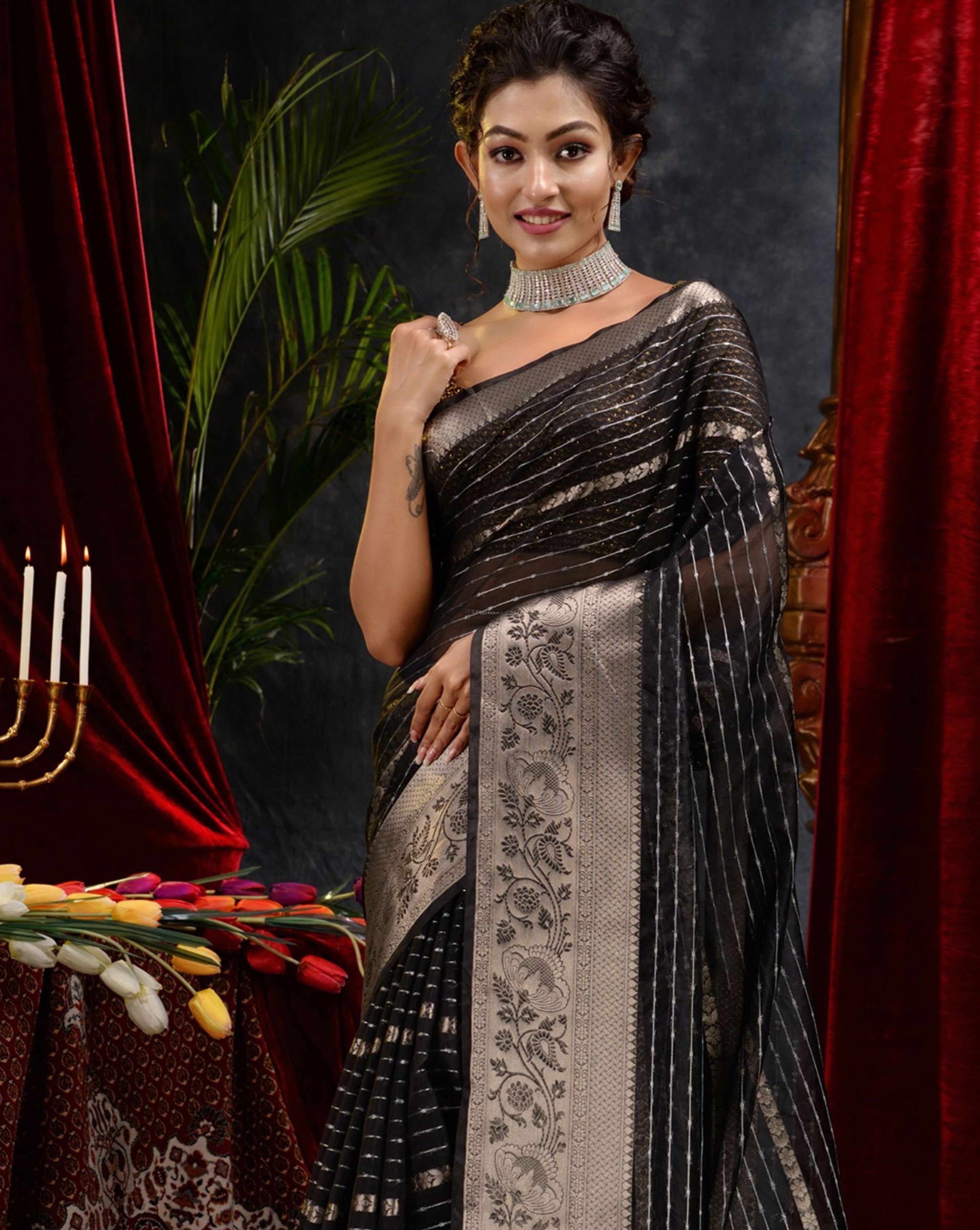 The Weaver's Organza Stripe Banarasi Saree Black - THE WEAVER