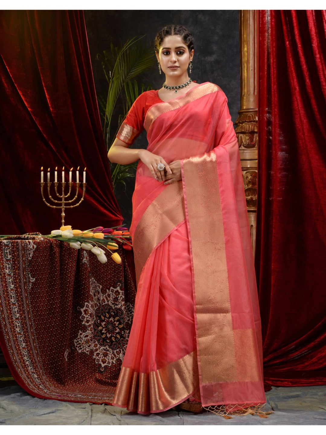 The Weaver's organza banarasi saree-red orange - THE WEAVER