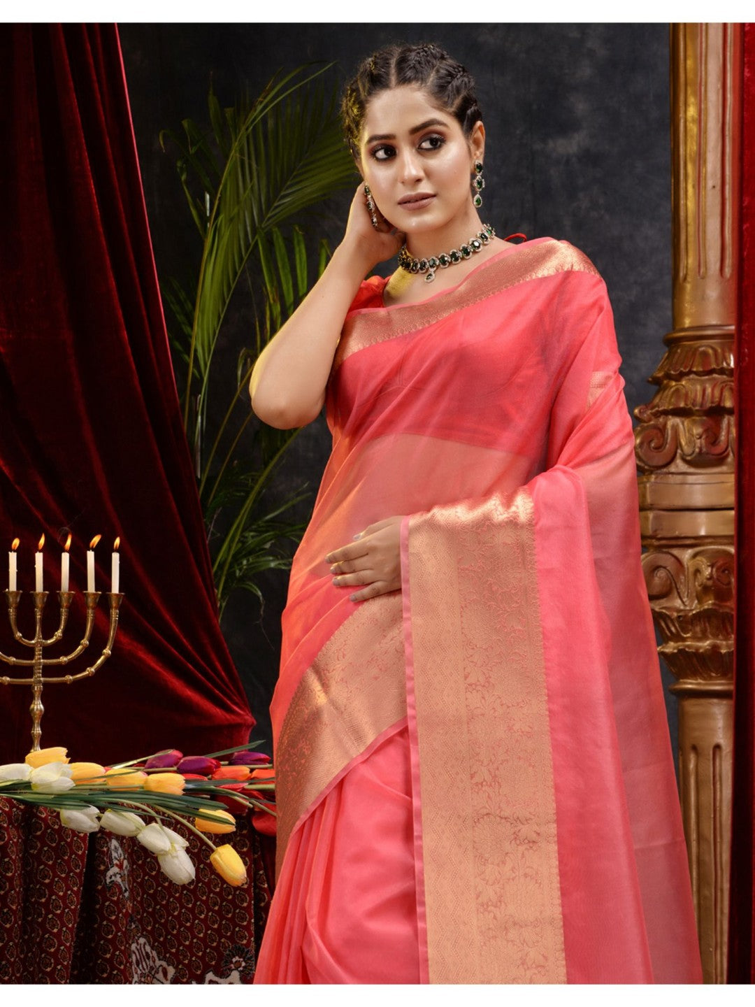 The Weaver's organza banarasi saree-red orange - THE WEAVER