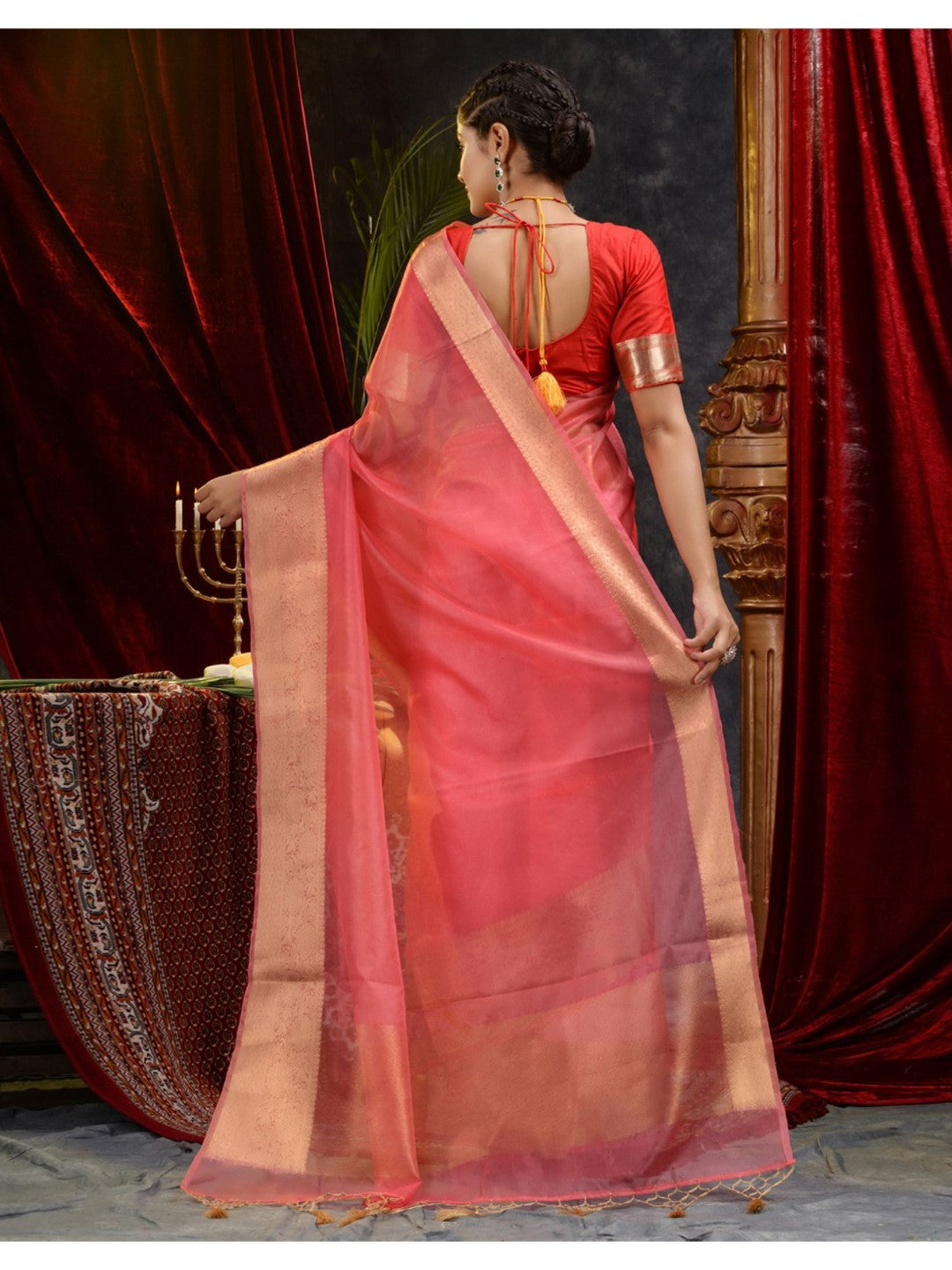 The Weaver's organza banarasi saree-red orange - THE WEAVER