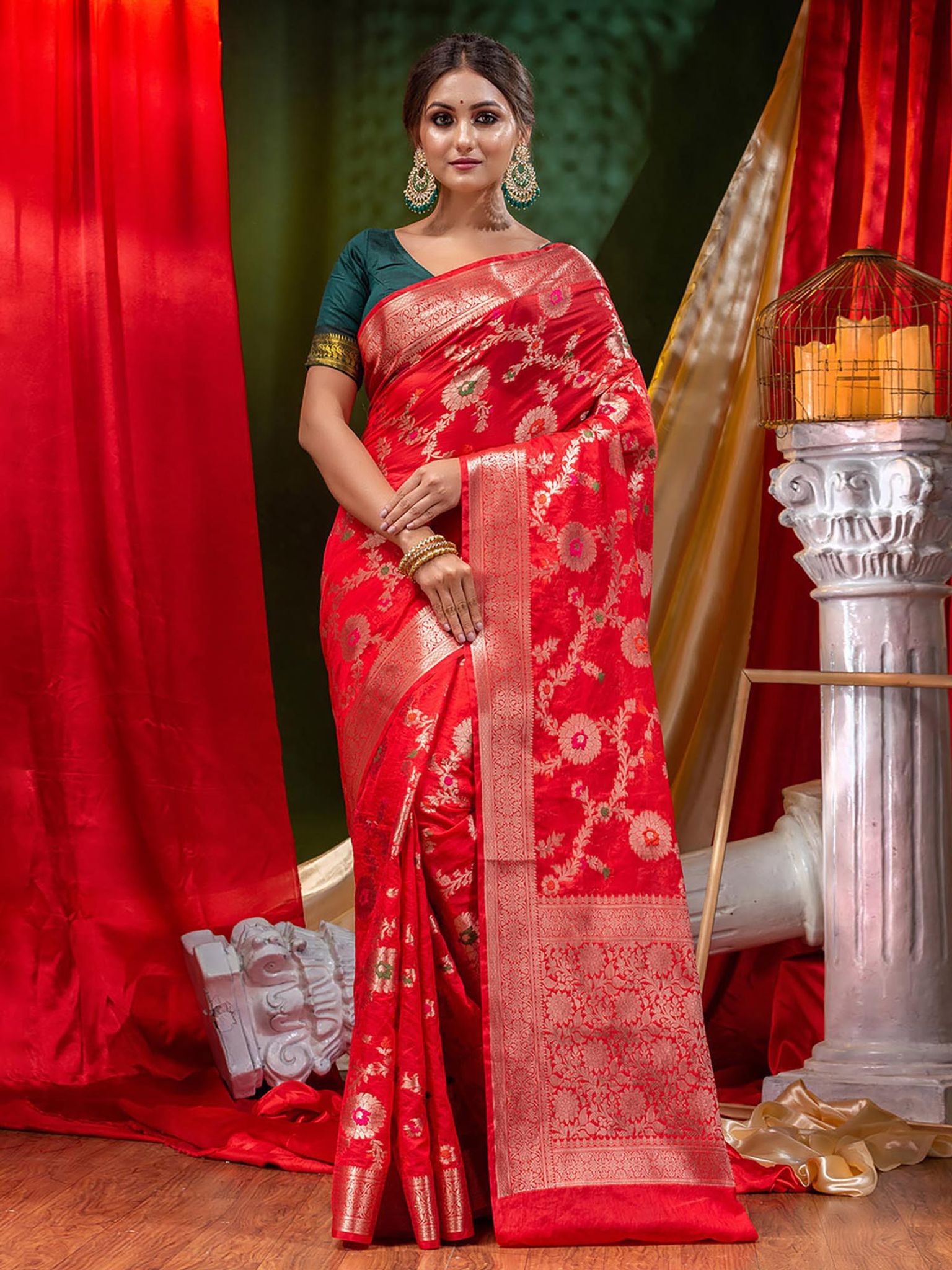 Georgette Banarasi Saree All Over Jaal With Meenakari Tomato Red - THE WEAVER