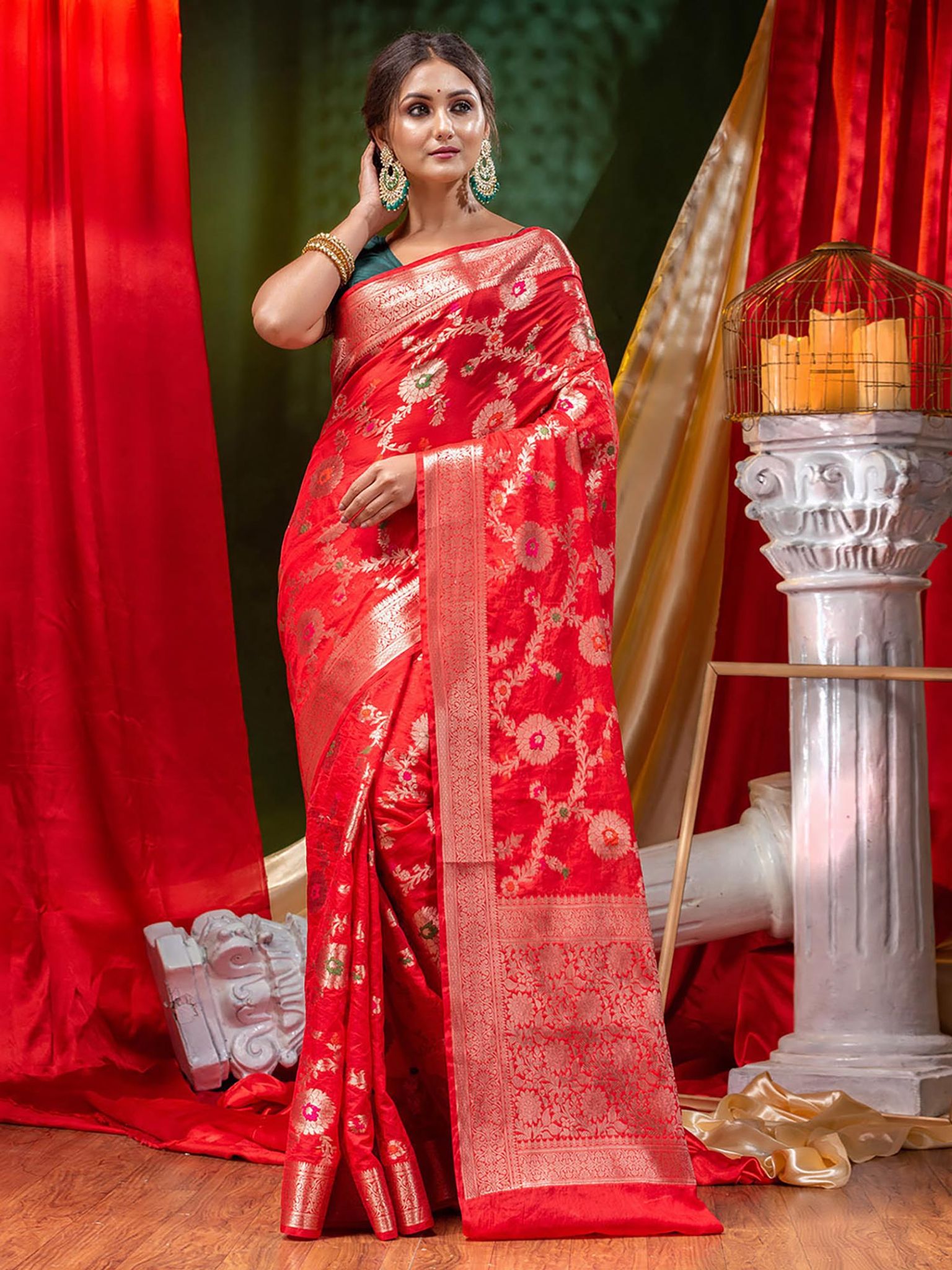 Georgette Banarasi Saree All Over Jaal With Meenakari Tomato Red - THE WEAVER