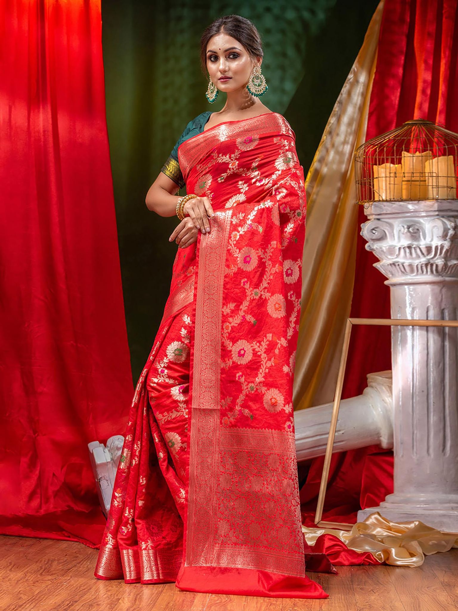 Georgette Banarasi Saree All Over Jaal With Meenakari Tomato Red - THE WEAVER