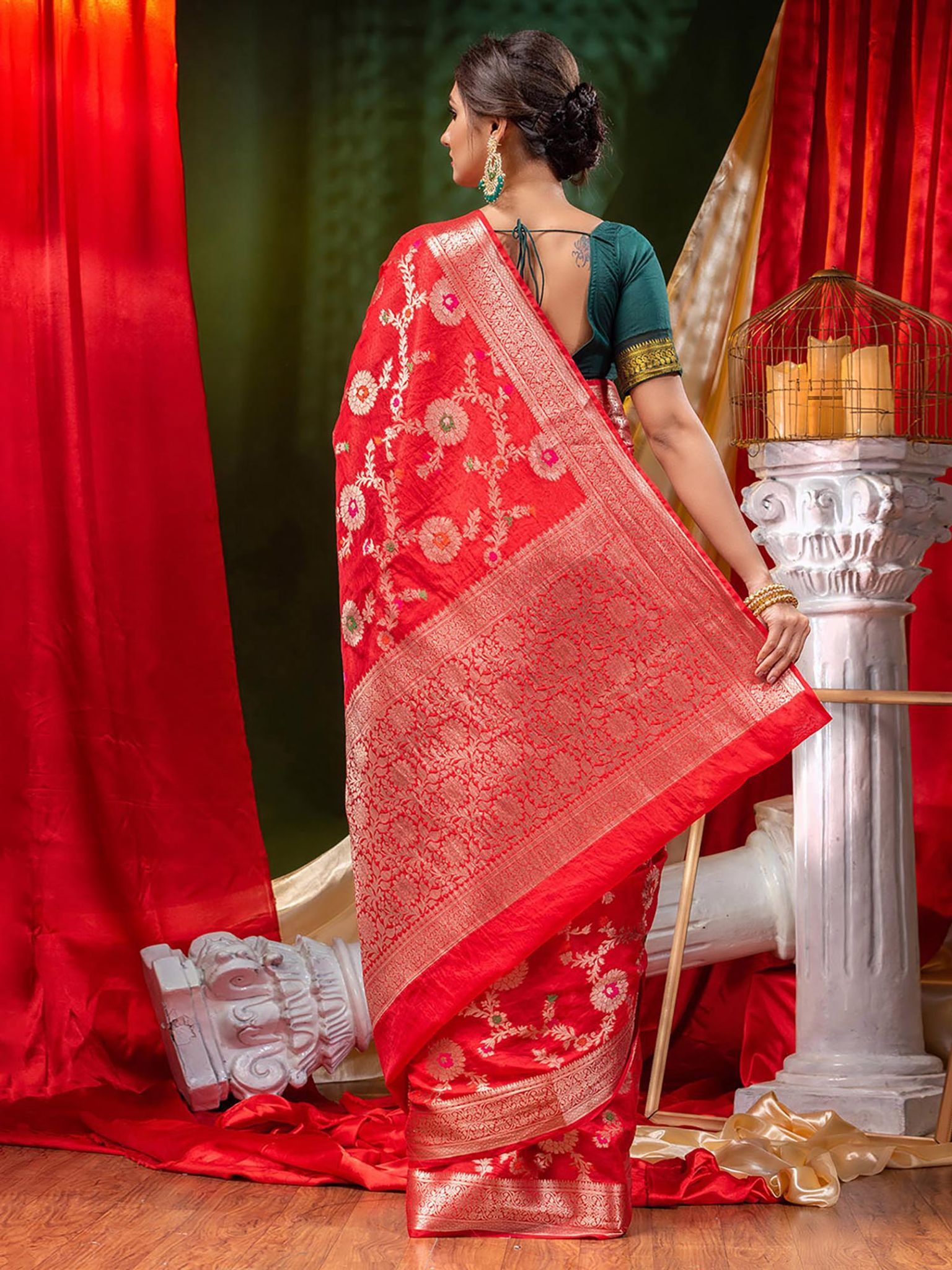 Georgette Banarasi Saree All Over Jaal With Meenakari Tomato Red - THE WEAVER