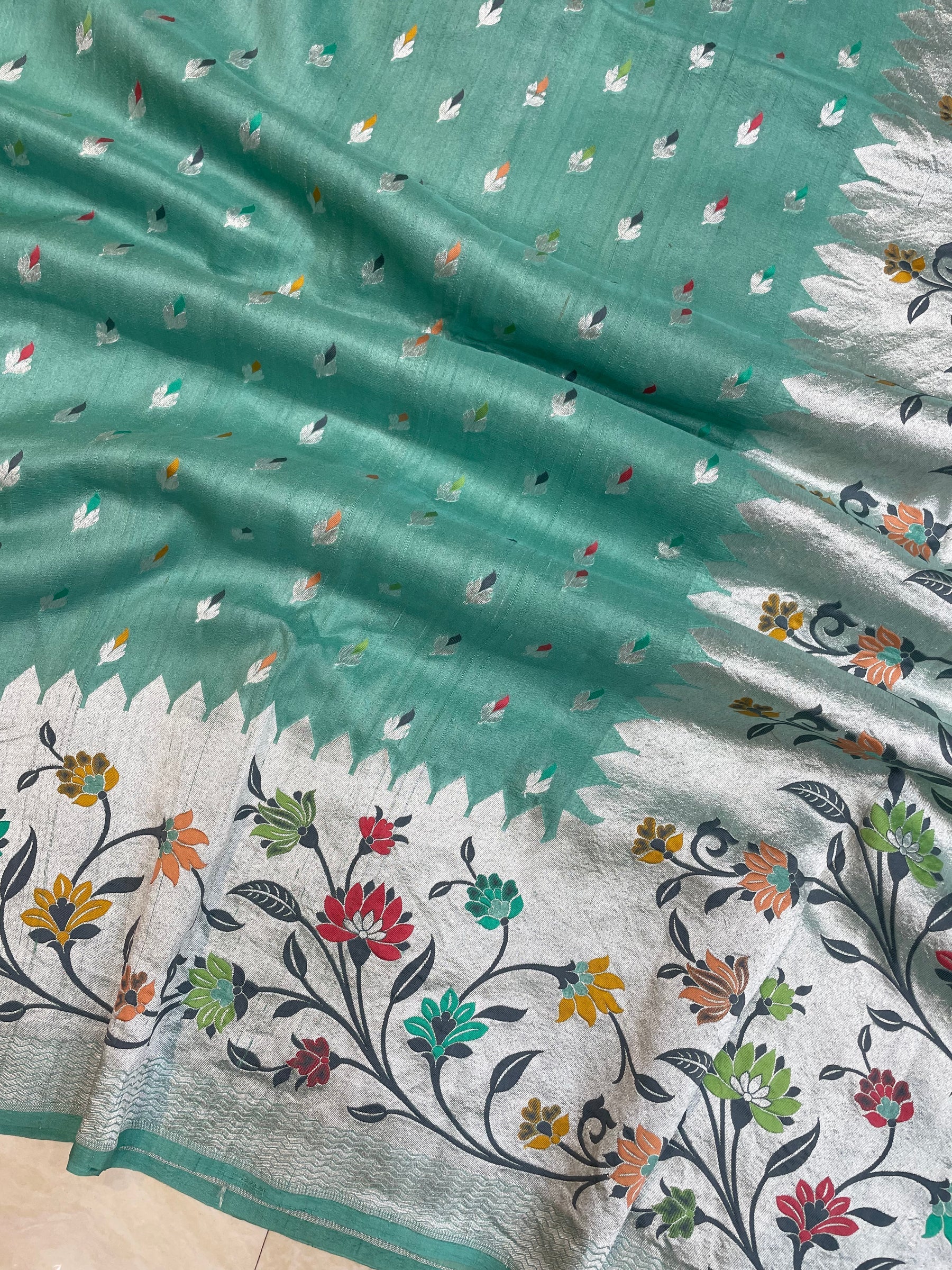 Aqua Blue Pure Tussar Georgette Handloom Banarasi Saree with Paithani Skirt Border - The Weaver Banaras