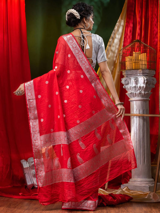 Georgette Khaddi Banarasi Saree-Red - The Weaver Banaras