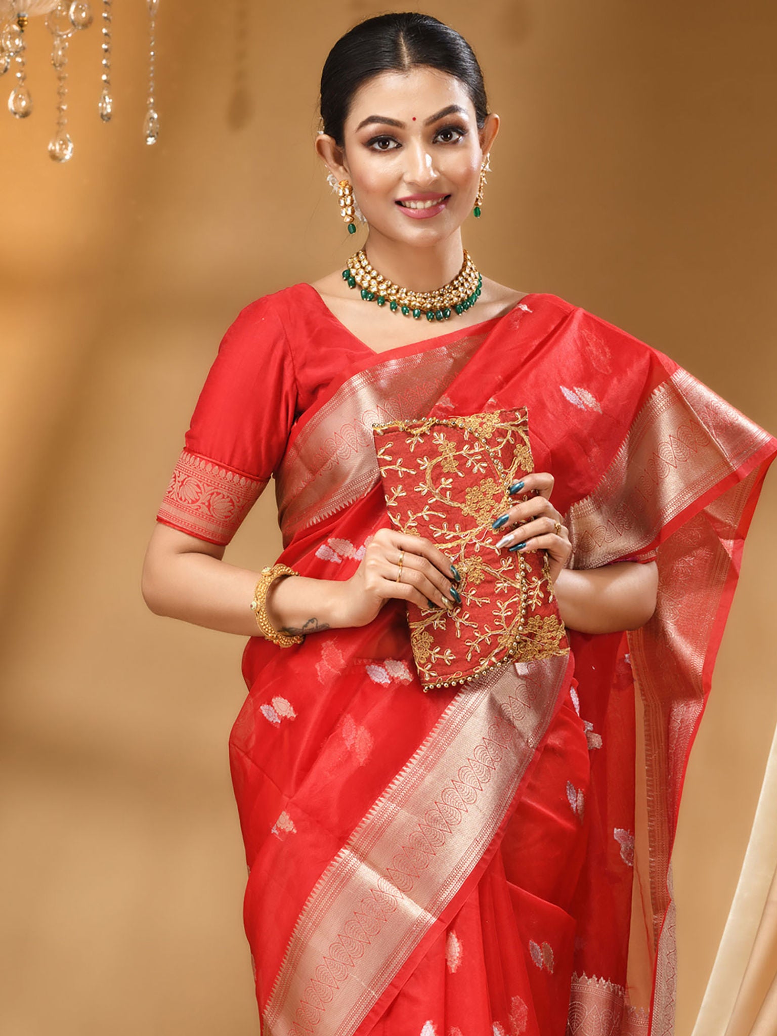 The Weaver's Organza Banarasi Saree With Gold And Silver Buti Scarlet Red - THE WEAVER